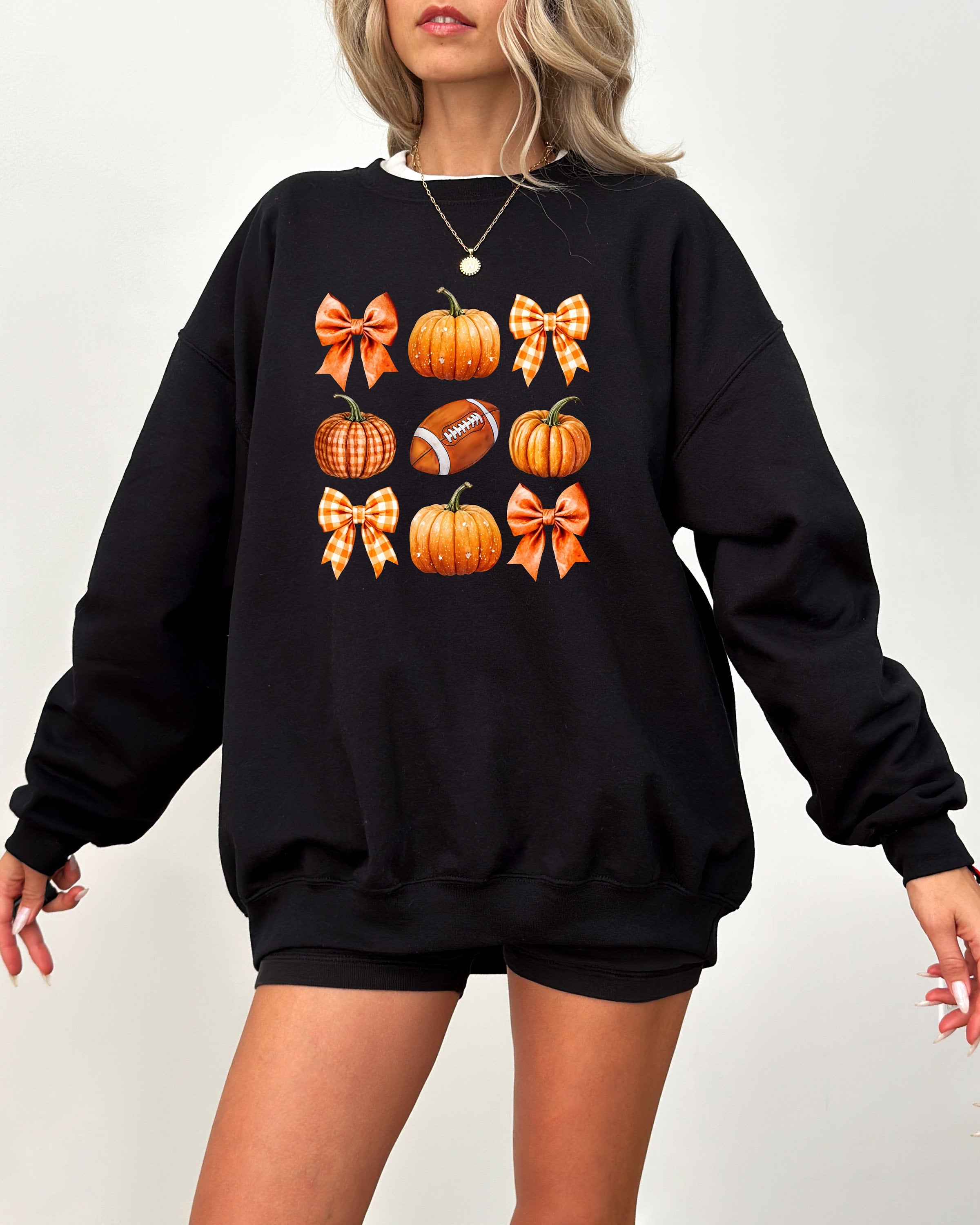 Fall Bows Pumpkin and Football Sweatshirt, Fall Design, Vintage Unisex Halloween Crew Neck, Autumn Sweater, Plaid Bow Sweatshirt, 2024