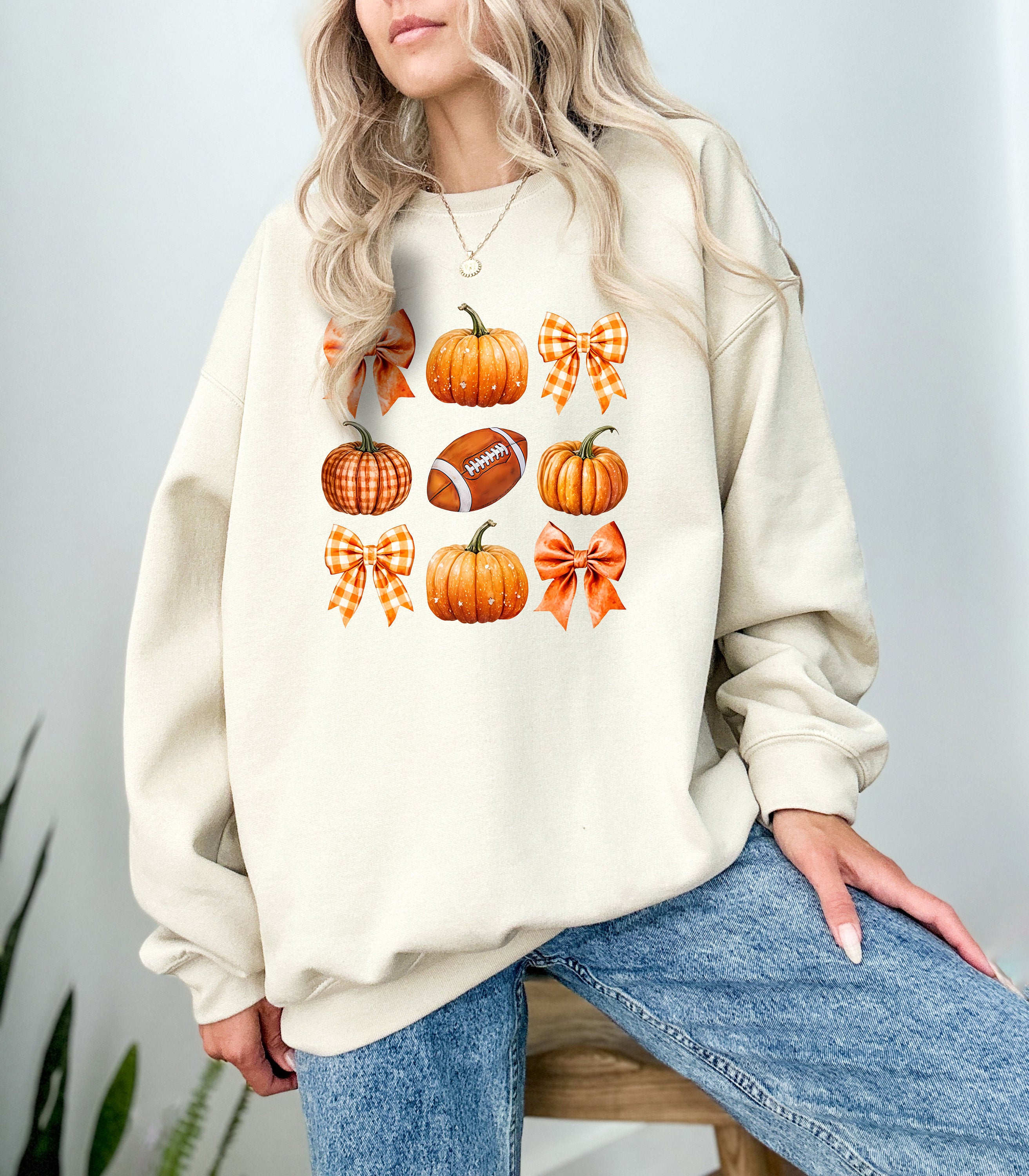 Fall Bows Pumpkin and Football Sweatshirt, Fall Design, Vintage Unisex Halloween Crew Neck, Autumn Sweater, Plaid Bow Sweatshirt, 2024