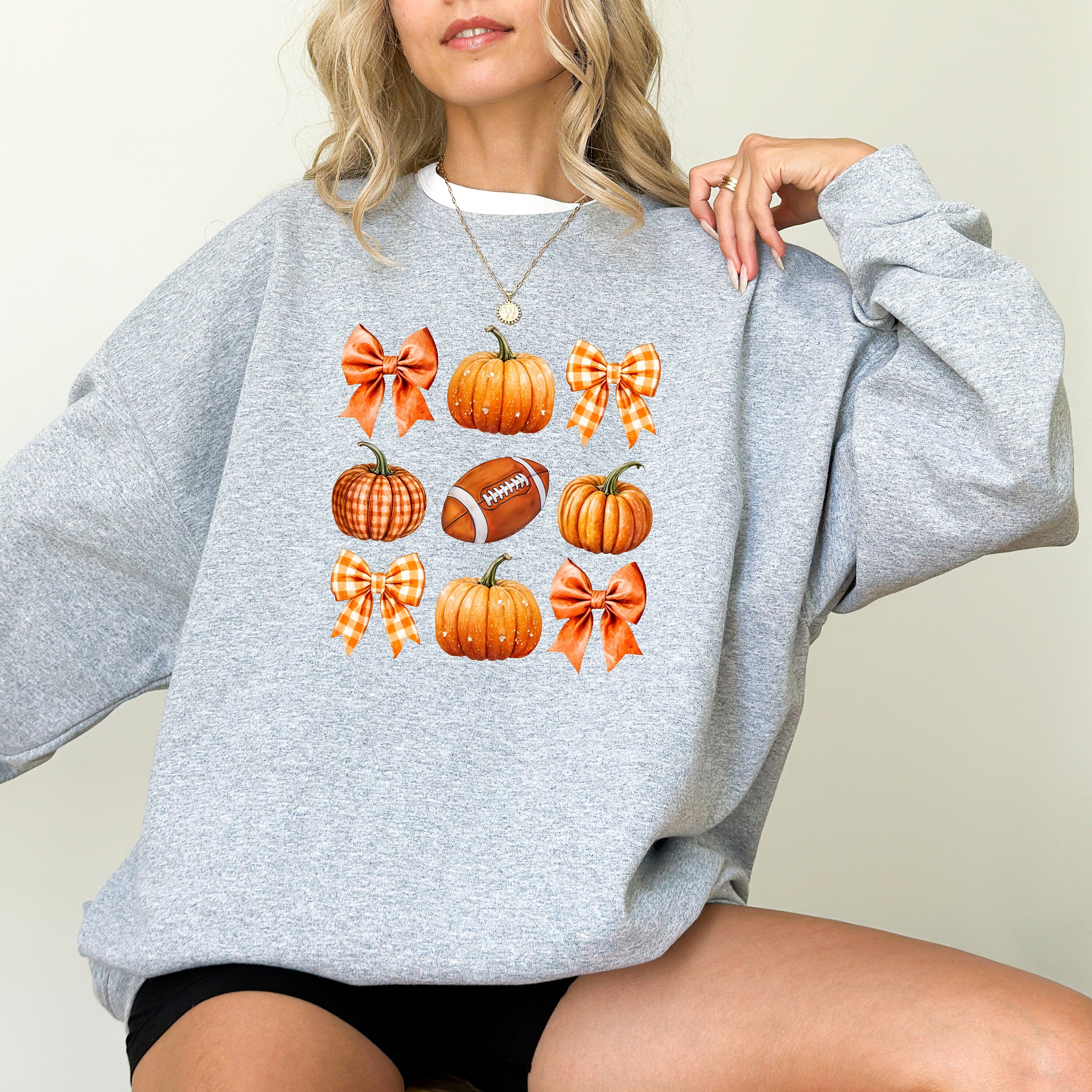 Fall Bows Pumpkin and Football Sweatshirt, Fall Design, Vintage Unisex Halloween Crew Neck, Autumn Sweater, Plaid Bow Sweatshirt, 2024