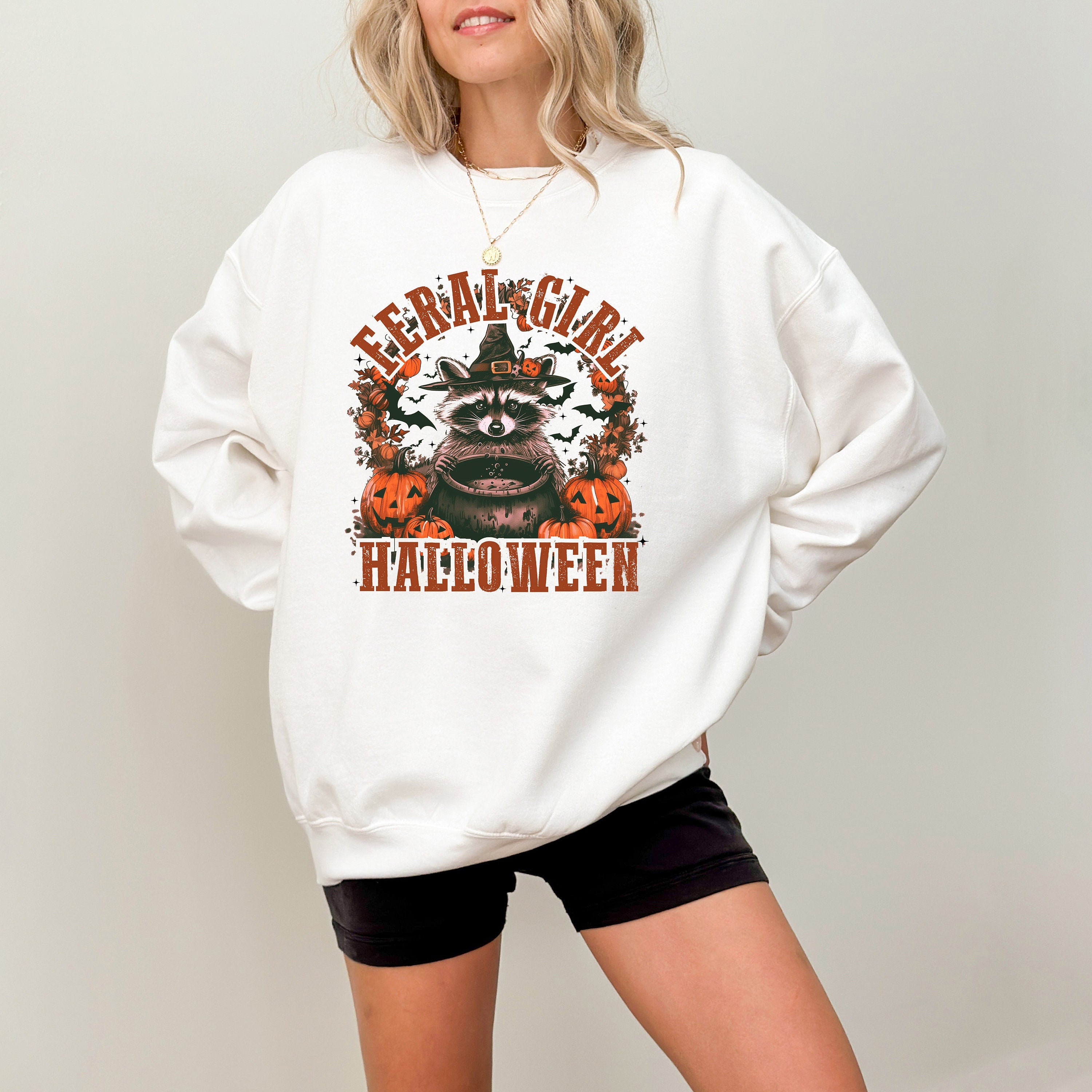 Feral Girl Halloween Crewneck Sweatshirt, Fall Design, Cute Halloween Raccoon Design, Autumn Sweater, Spooky Season Sweatshirt, 2024