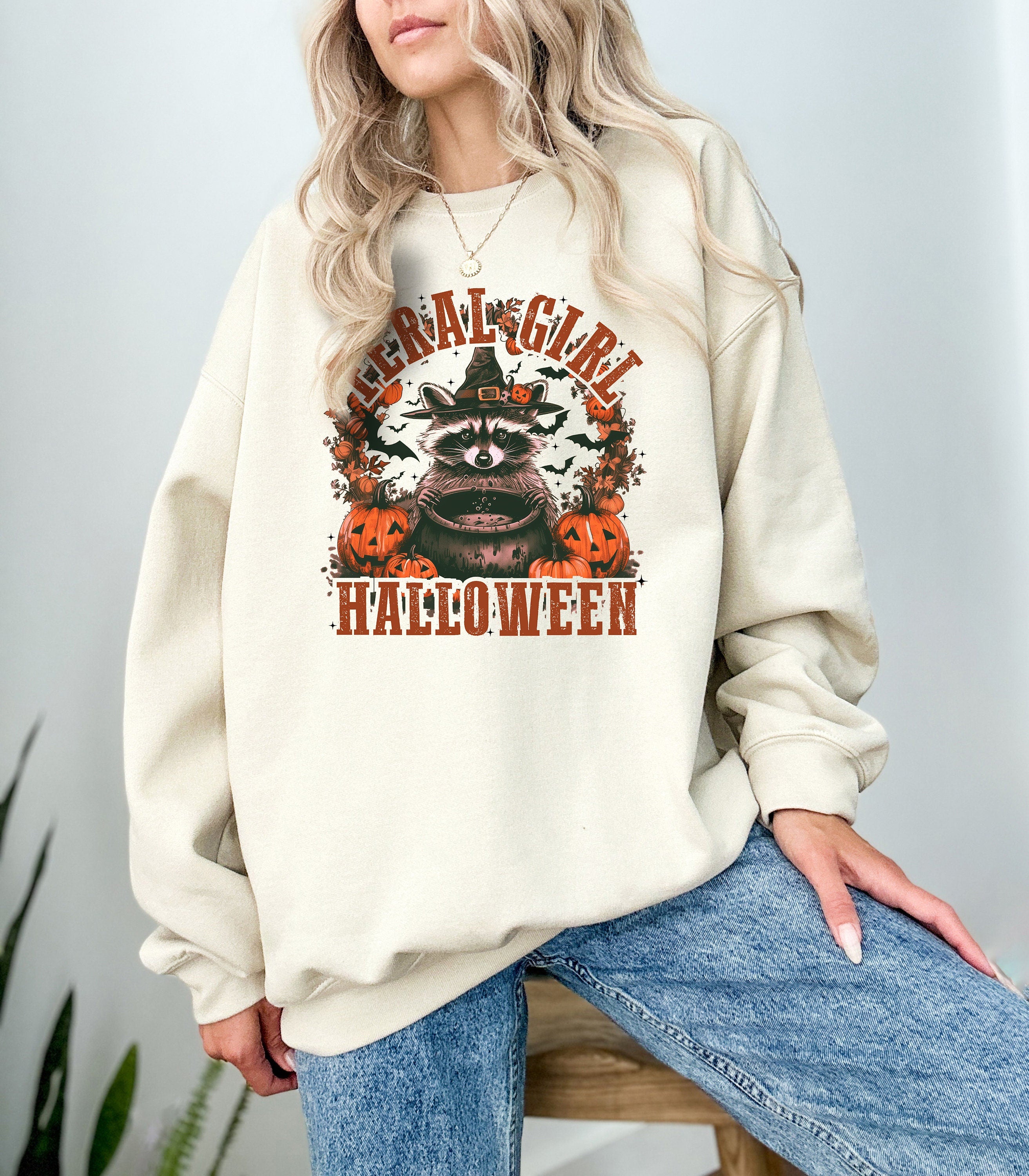 Feral Girl Halloween Crewneck Sweatshirt, Fall Design, Cute Halloween Raccoon Design, Autumn Sweater, Spooky Season Sweatshirt, 2024