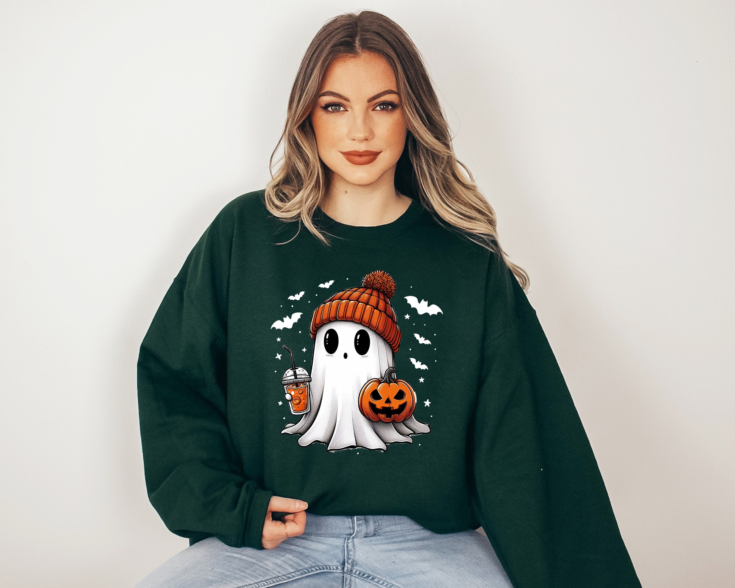 Cute Ghost Halloween Sweatshirt, Fall Design, Fall , Autumn Sweater, Iced Coffee Spooky Season Sweatshirt, Pumpkin 2024