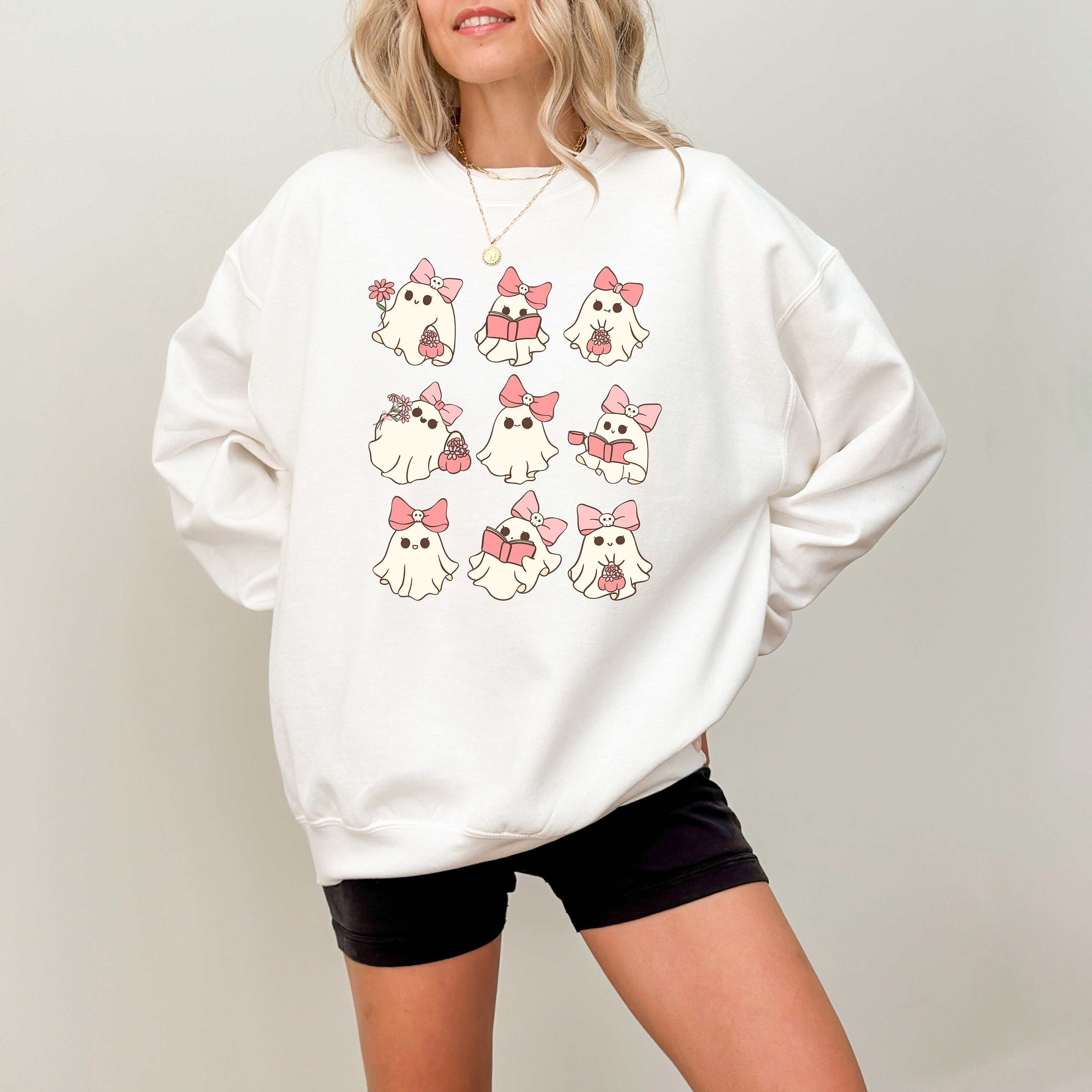 Cute Reading Ghost Halloween Sweatshirt, Vintage Fall Design, , Autumn Sweater, Pink Bow and Flowers Design, Spooky Season Sweatshirt, 2024