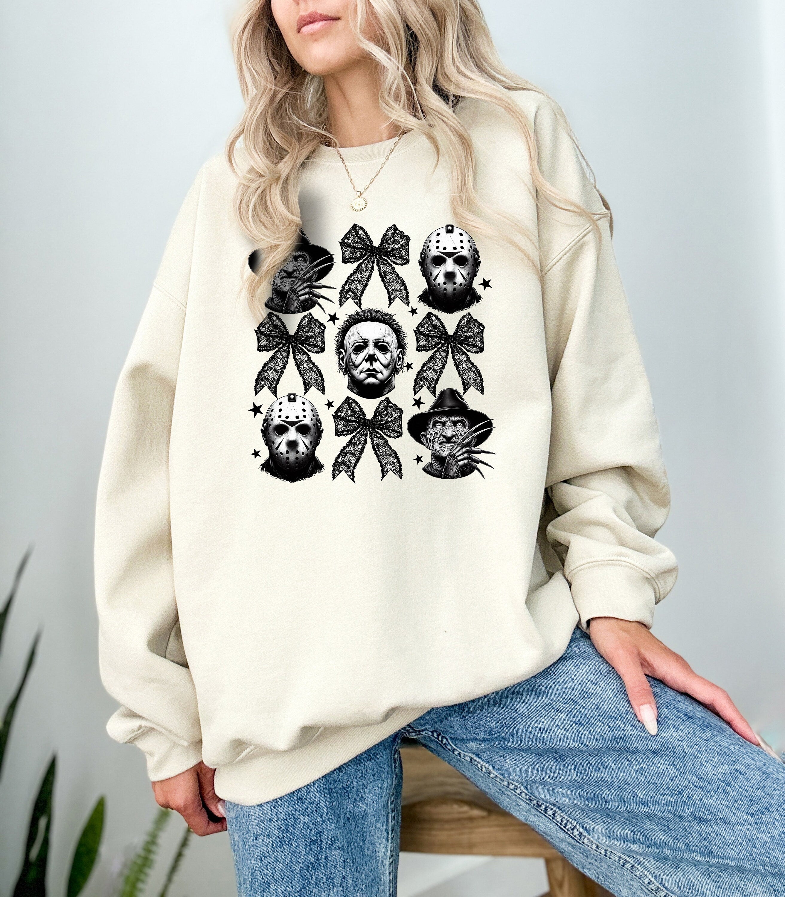 Horror Movie Men Halloween Sweatshirt Retro Fall Design Black Bows Autumn Sweater, Spooky Season Sweatshirt, Pumpkin Crewneck 2024