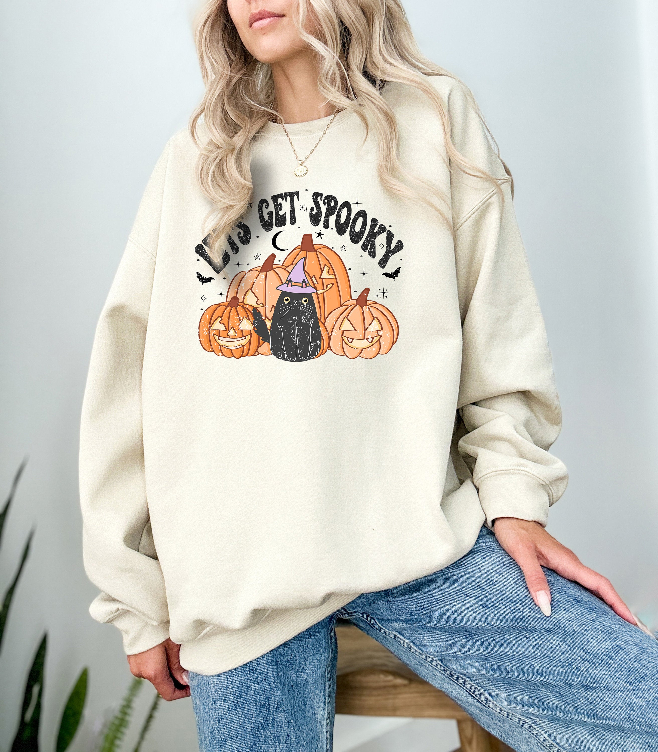 Lets Get Spooky Halloween Crewneck Sweatshirt, Fall Design, Fall , Autumn Sweater, Jack O Lantern Spooky Season Sweatshirt, Black Cat