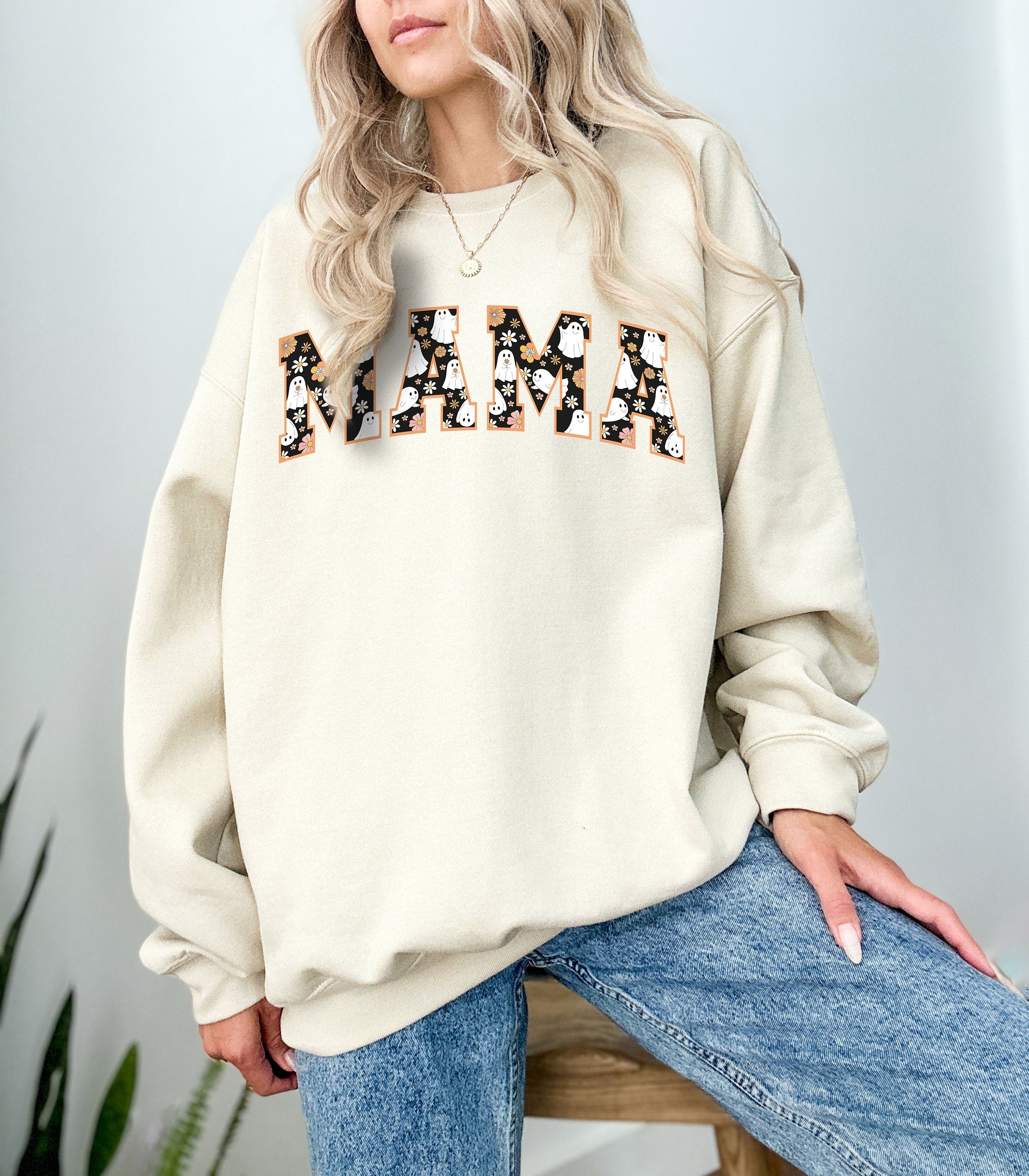 Cute Halloween Mama Varsity Ghost Sweatshirt Retro Fall Design Autumn Sweater, Spooky Season Sweatshirt, Pumpkin Crewneck