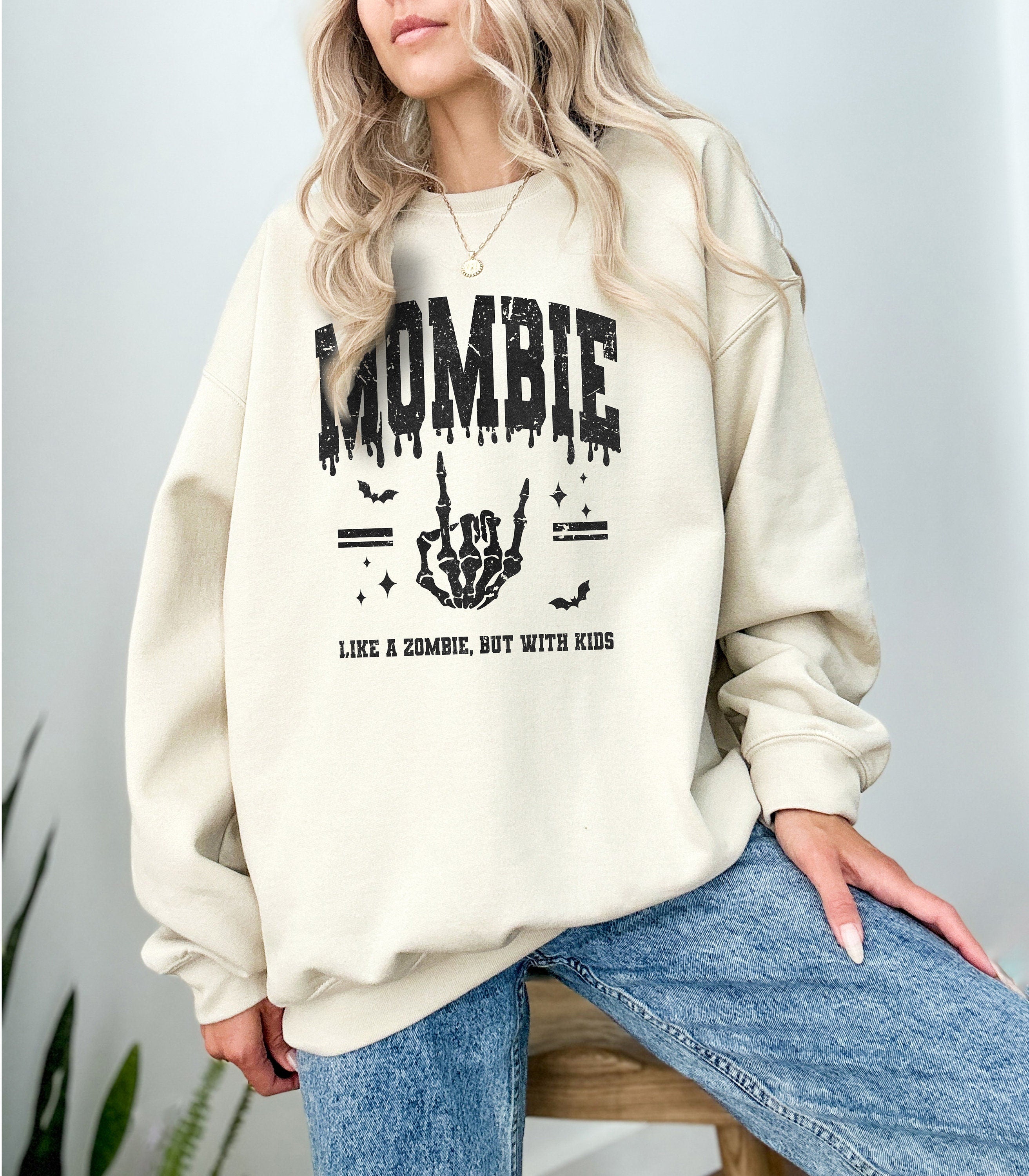 Mombie Like a Zombie But With Kids Sweatshirt Funny Halloween Shirt Retro Fall Design Autumn Sweater, Spooky Season Crew, Pumpkin Crewneck