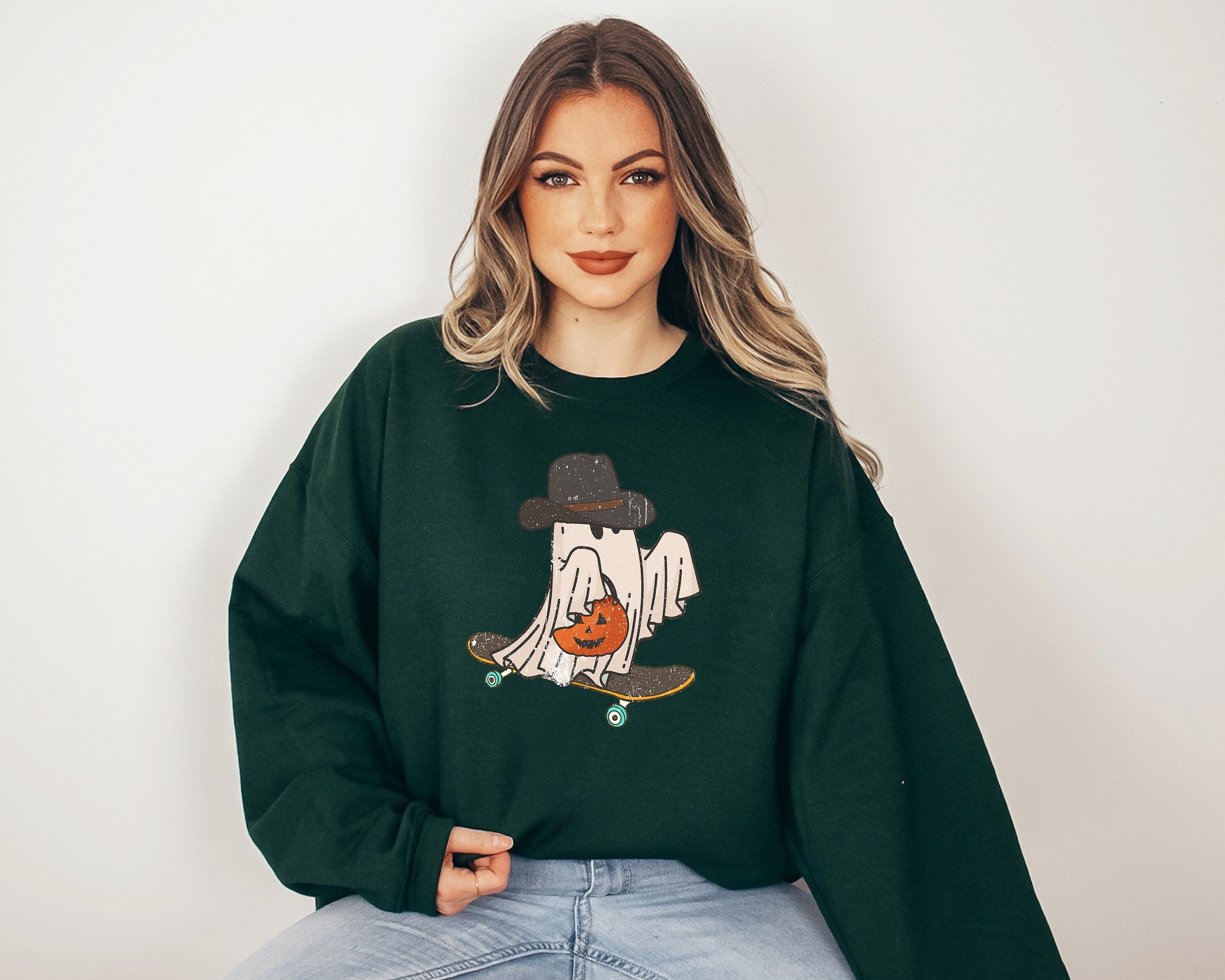 Cowboy Skateboarding Ghost Crewneck Sweatshirt, Fall Design, Autumn Sweater, Spooky Season Sweatshirt, Pumpkin 2024