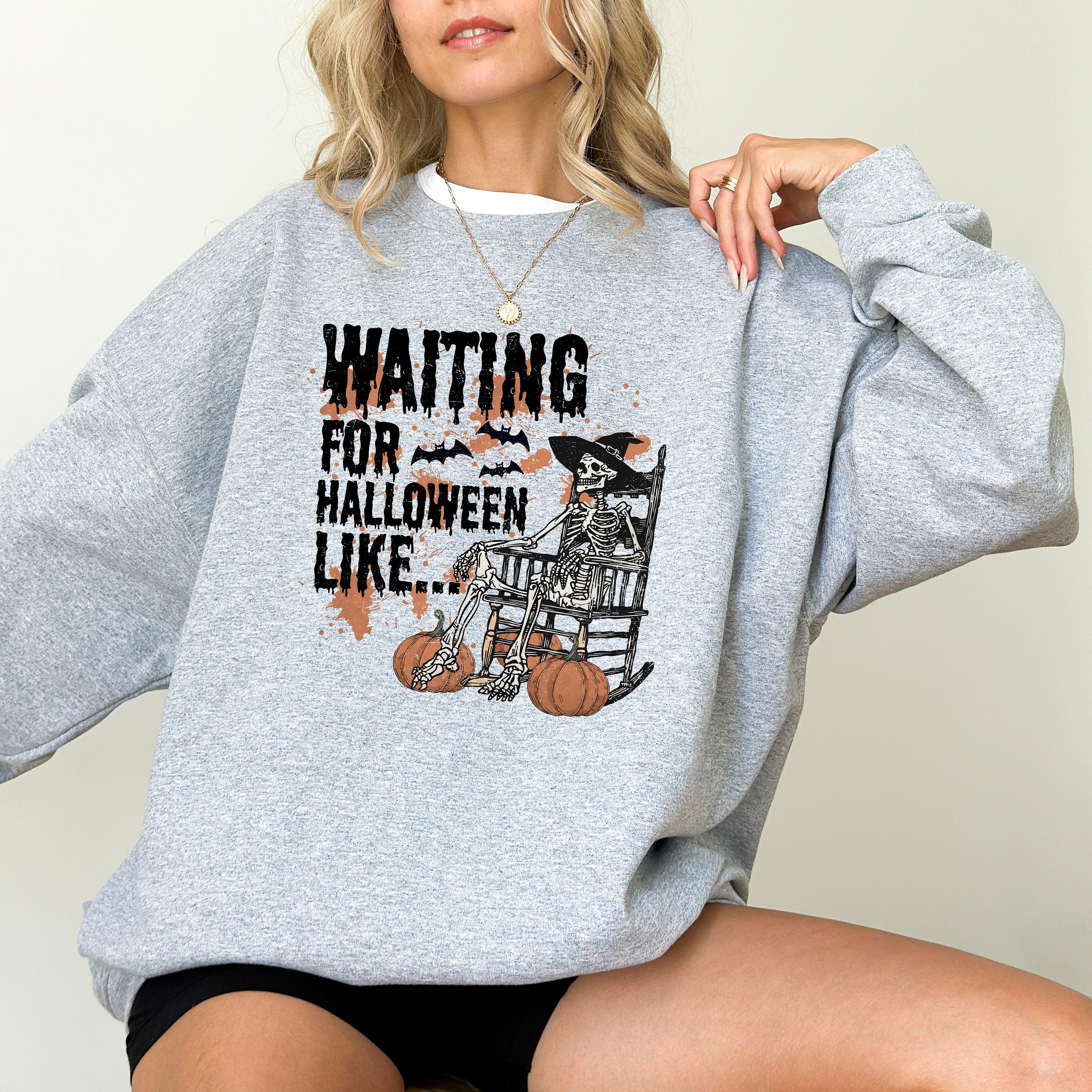 Waiting For Halloween Skeleton Crewneck Sweatshirt, Fall Design, Autumn Sweater, Spooky Season Crew, Pumpkin T, Halloween Grave Yard