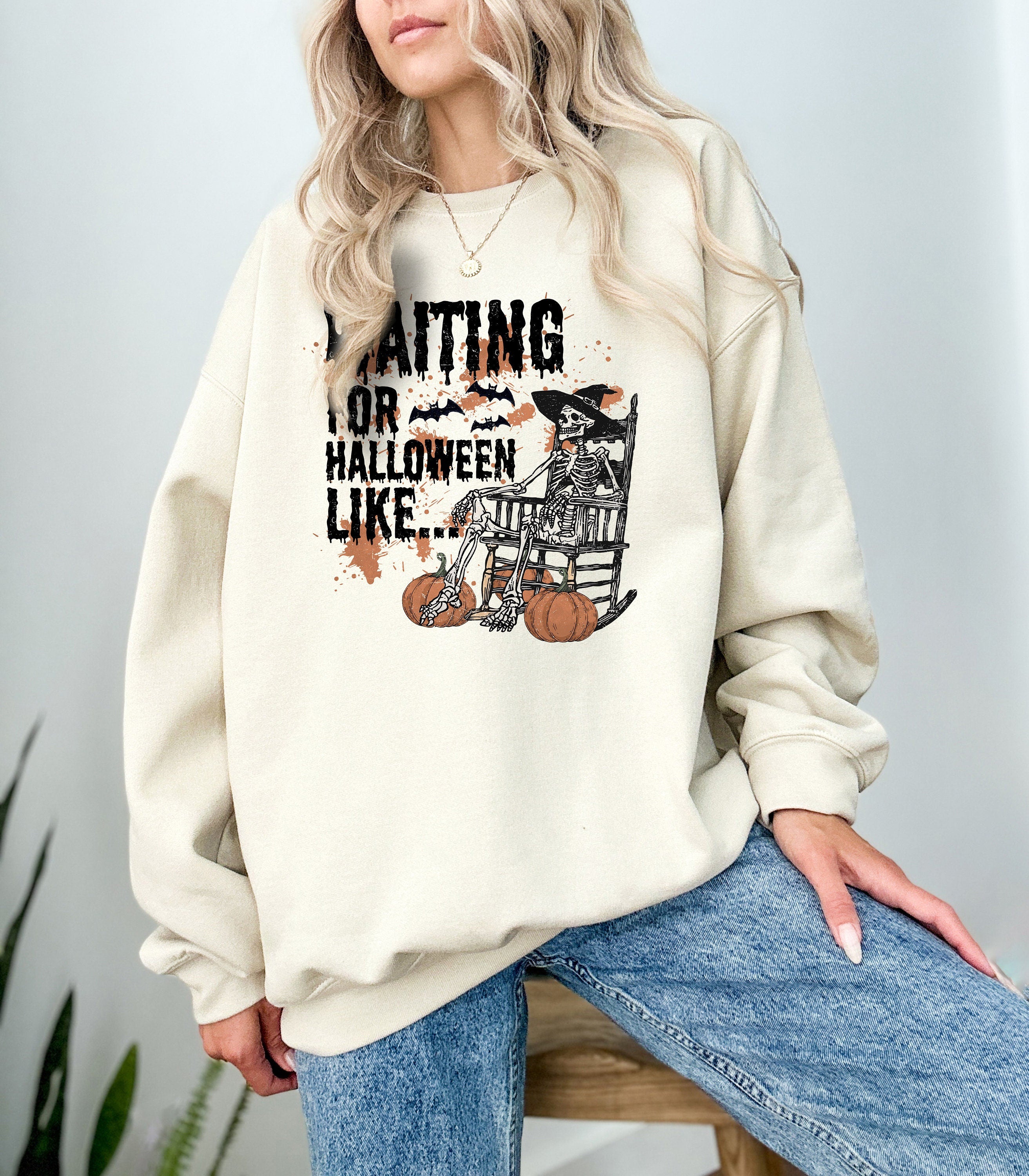 Waiting For Halloween Skeleton Crewneck Sweatshirt, Fall Design, Autumn Sweater, Spooky Season Crew, Pumpkin T, Halloween Grave Yard