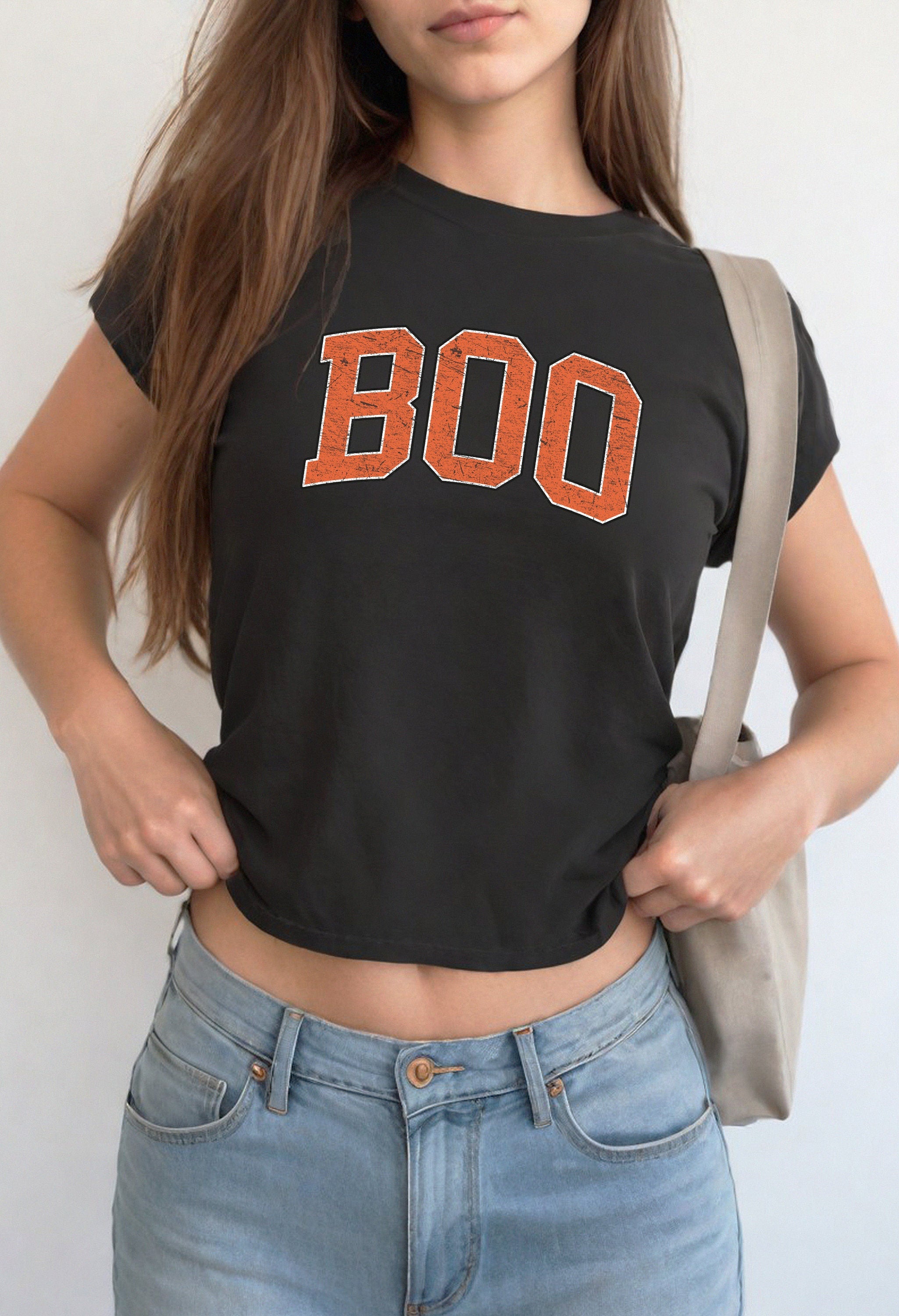 Boo Varsity Letters Baby Tee, Baby Tee, Cute Halloween Graphic T, 90s TShirt, Creep it real Tee Vintage y2k baby tee 90s Halloween