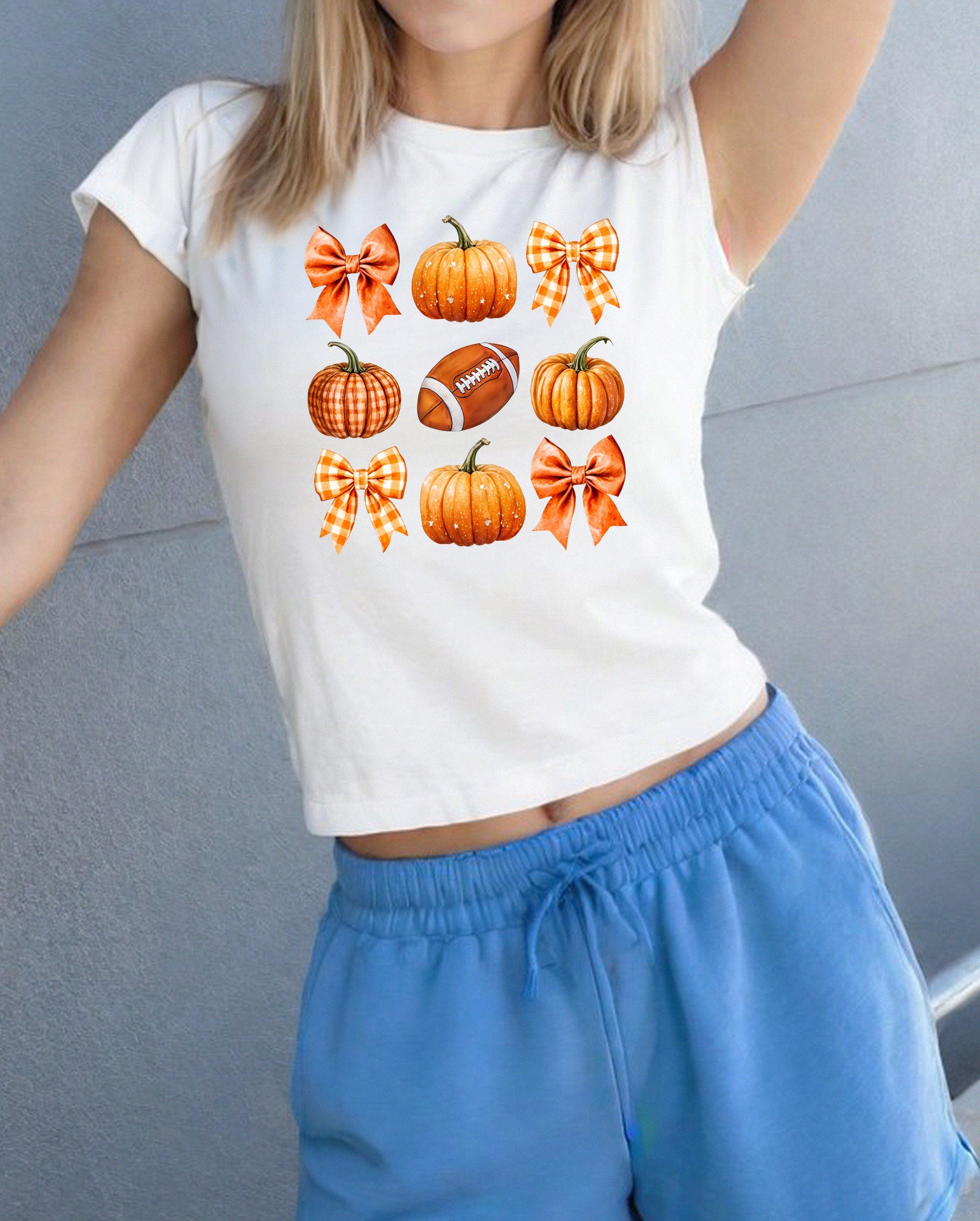 Fall Favorites Baby Tee, Pumpkin Bows and Football, Cute Halloween Graphic T, Autumn T Shirt, Fall Design Vintage y2k baby tee 90s