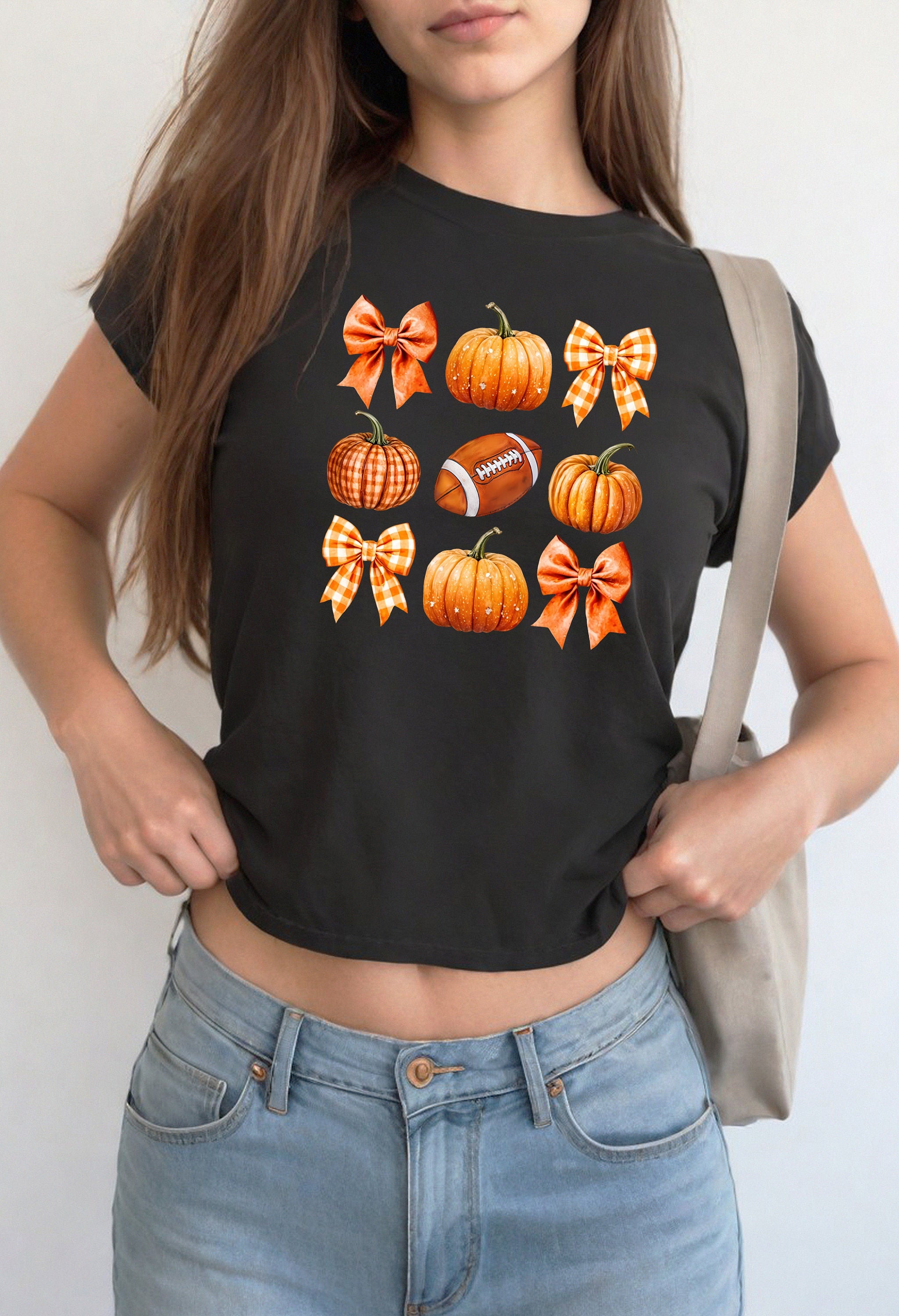 Fall Favorites Baby Tee, Pumpkin Bows and Football, Cute Halloween Graphic T, Autumn T Shirt, Fall Design Vintage y2k baby tee 90s