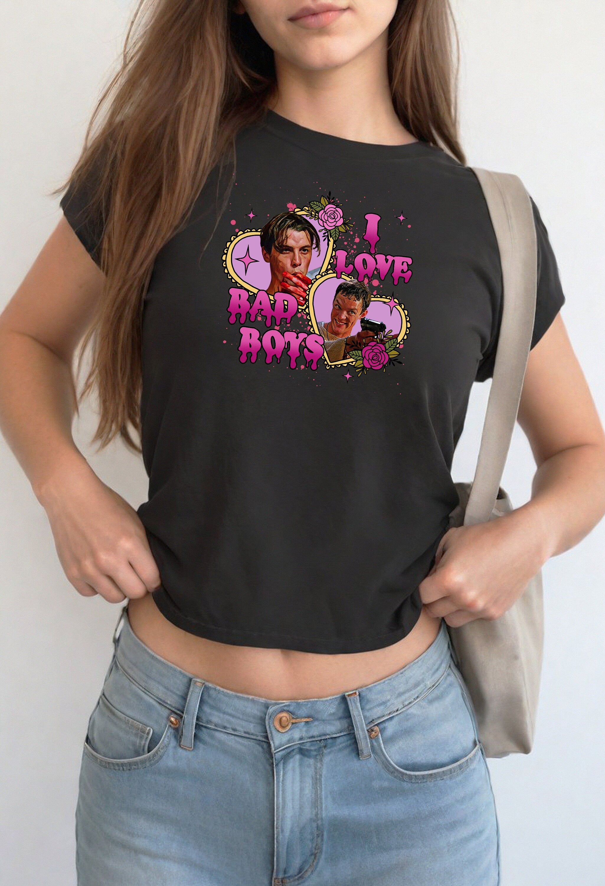 I Love Bad Boys Baby Tee, Scary Movie T Shirt, Cute Halloween Graphic T, 90s TShirt, Y2K Halloween T, Pumpkin Design, Varsity Letters Spooky