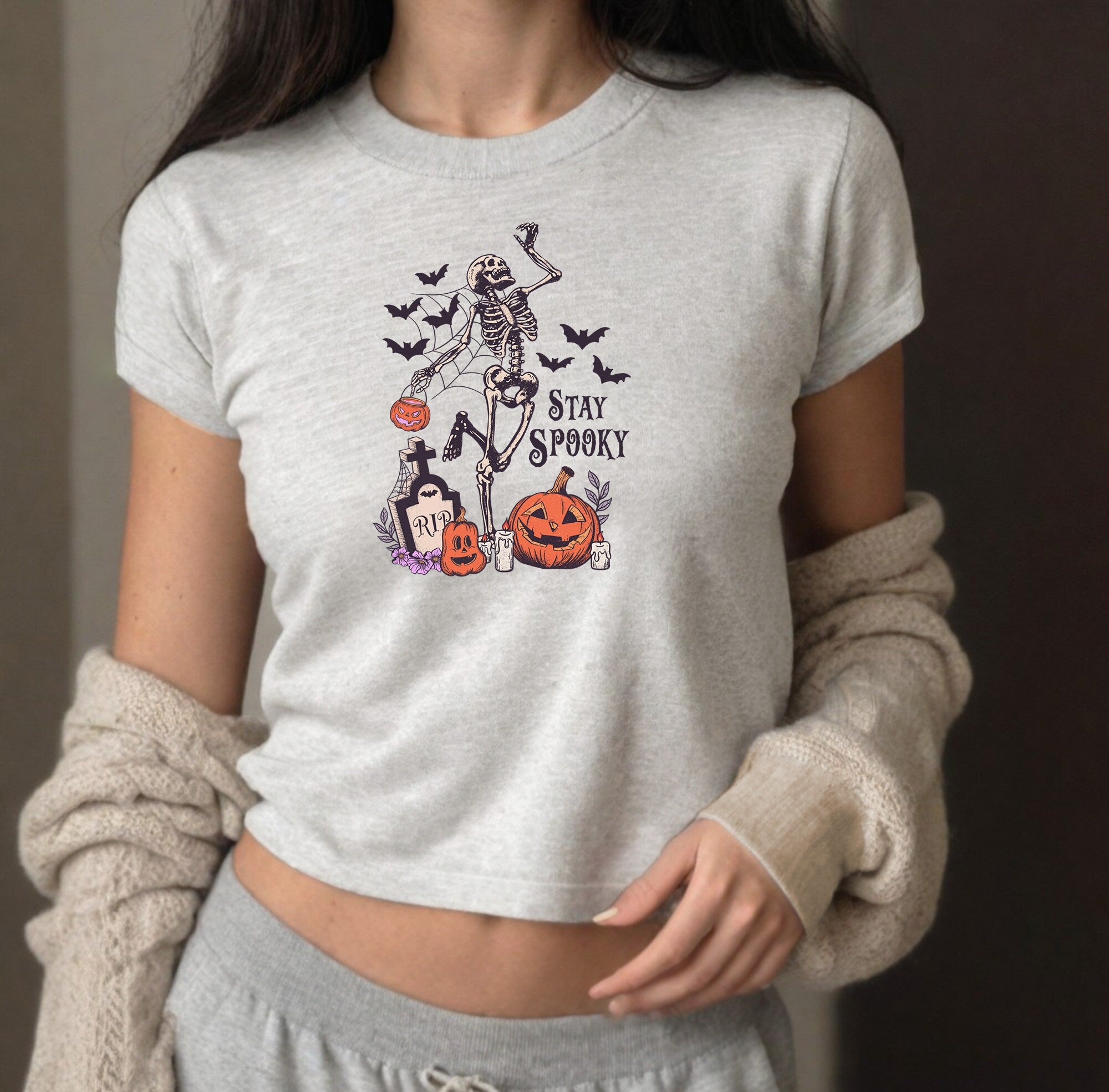 Retro Stay Spooky Baby Tee, Cute Halloween Graphic T, 90s TShirt, Creep it real Y2K Halloween Shirt, Pumpkin Design, Jack O Lantern