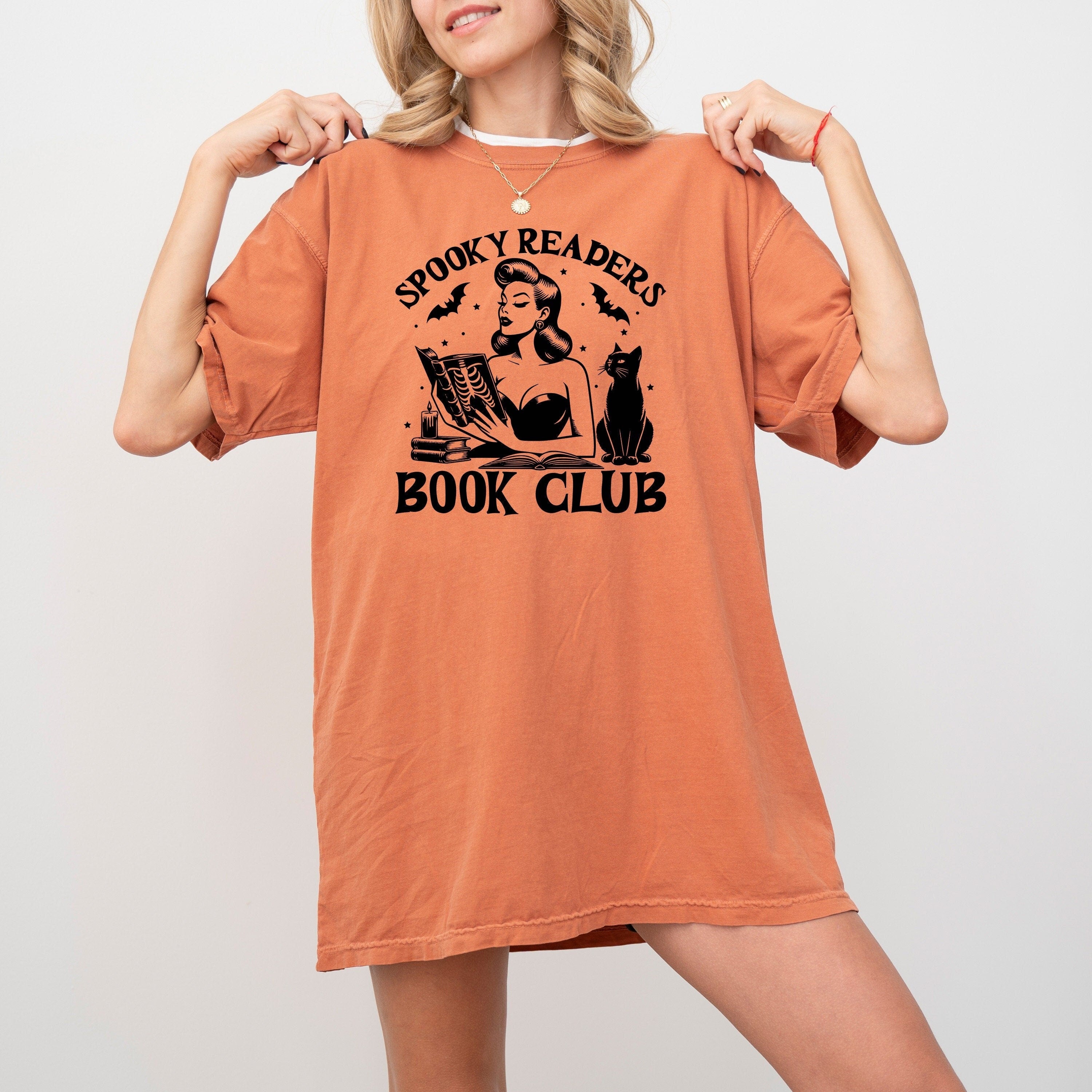 Spooky readers club, reading lady with black cat and flying bats