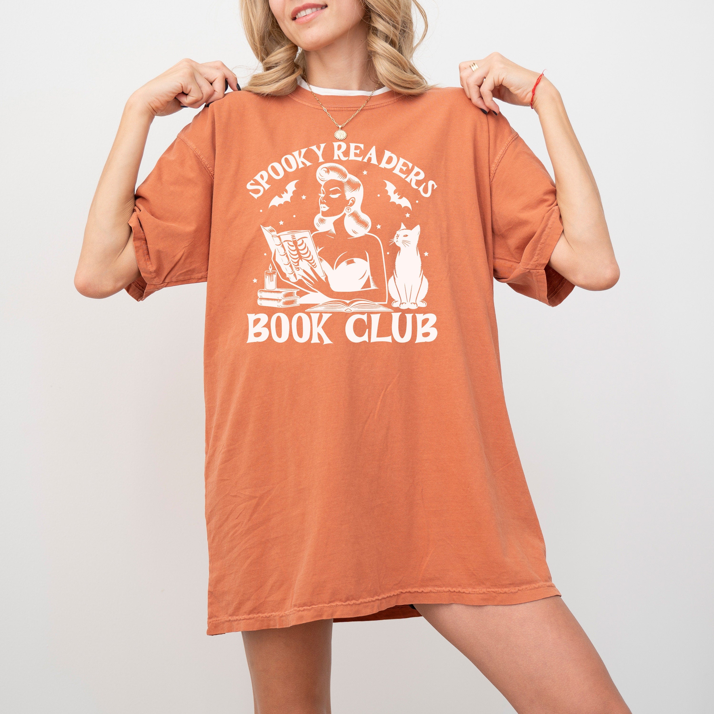 Retro Spooky Readers Book Club Comfort Colors T Shirt, Halloween T, Cute Black Cat Halloween Shirt, Autumn Tee, Fall Pumpkin Shirt, Crewneck