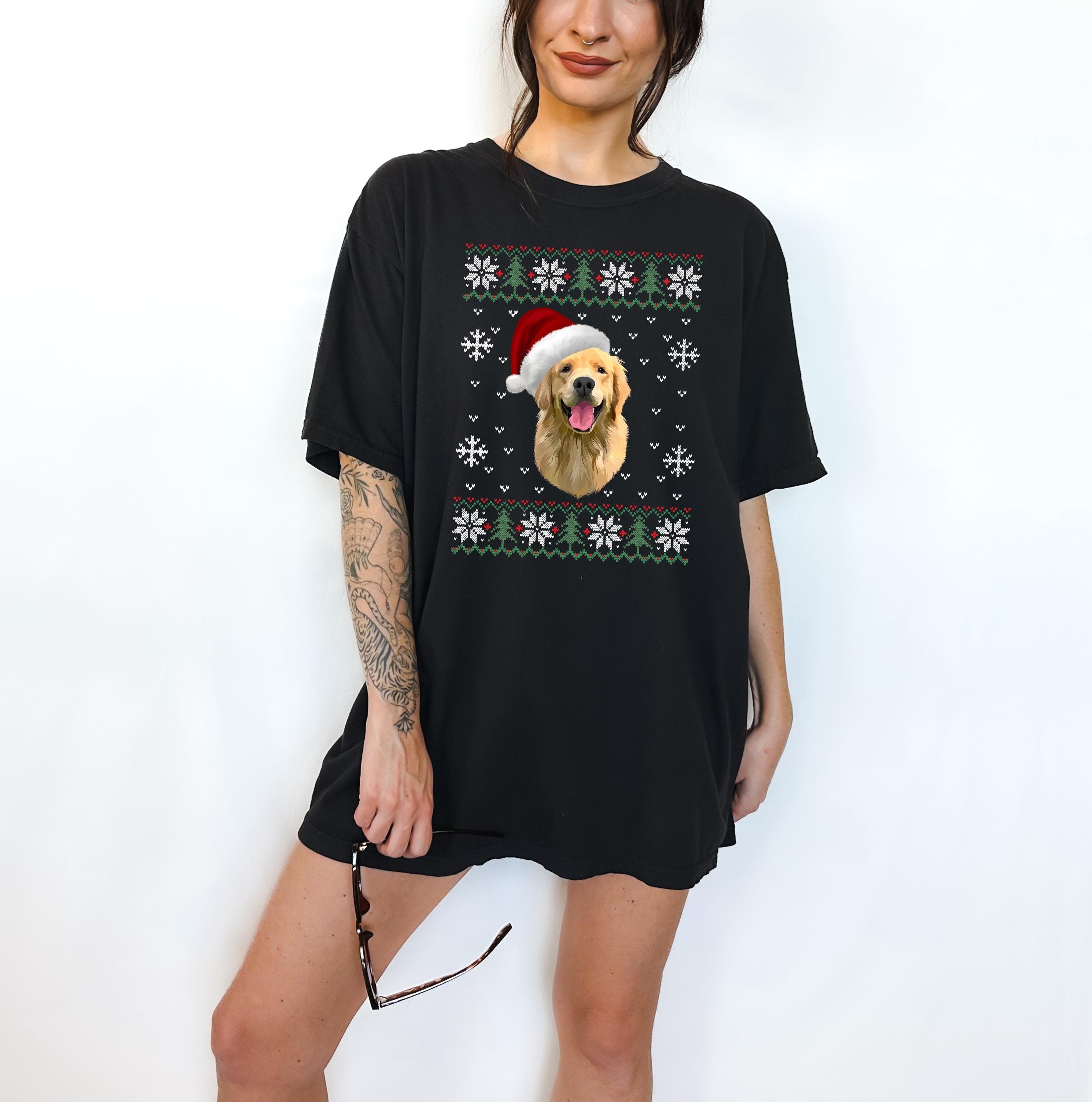 Custom Dog Illustration Christmas sweater print on a black comfort colors t shirt.