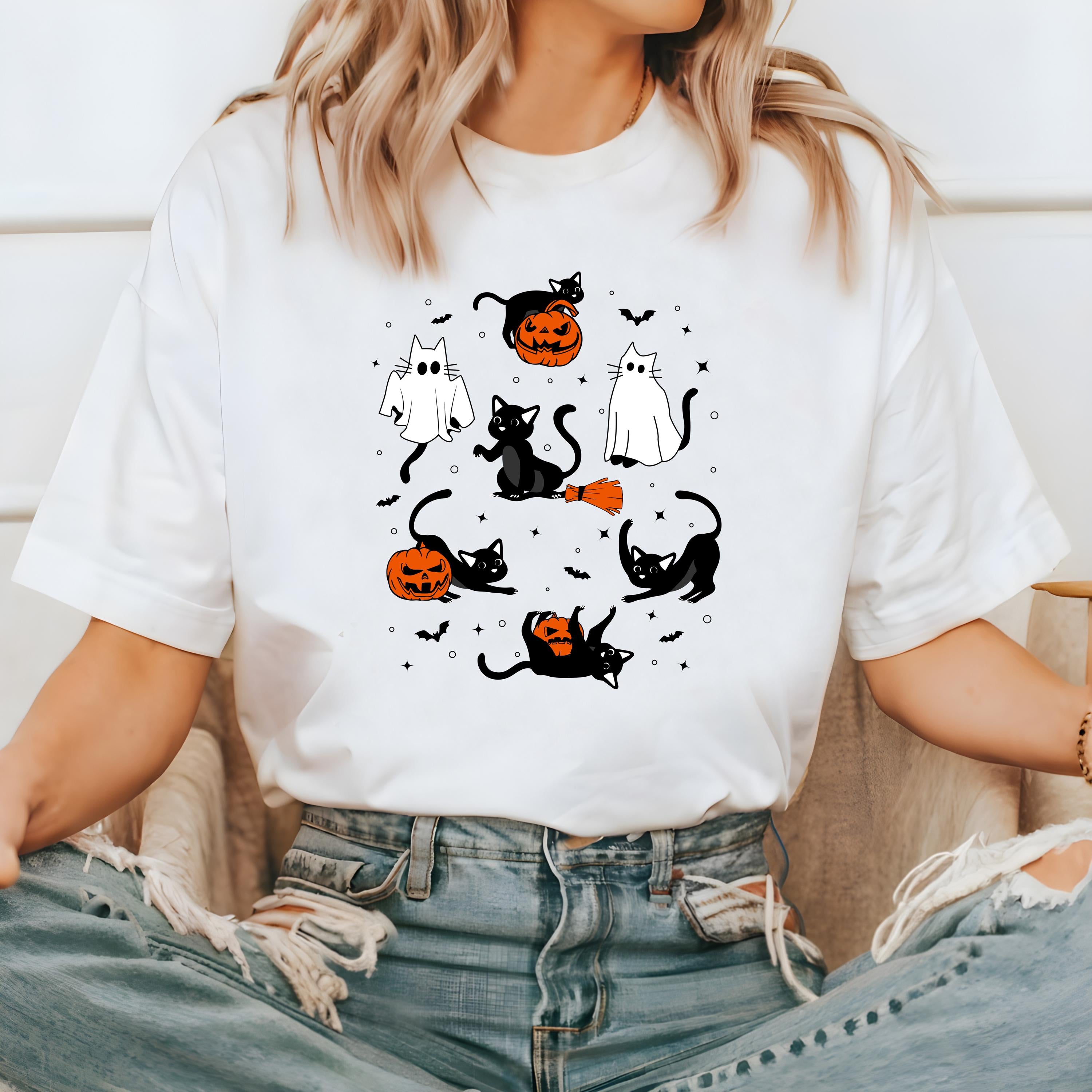 Cute Black Cat Halloween Comfort Colors shirt, Pumpkin T Shirt, Vintage Halloween Shirt, Retro Fall Vibes Shirt, Autumn Shirt Spooky Shirt