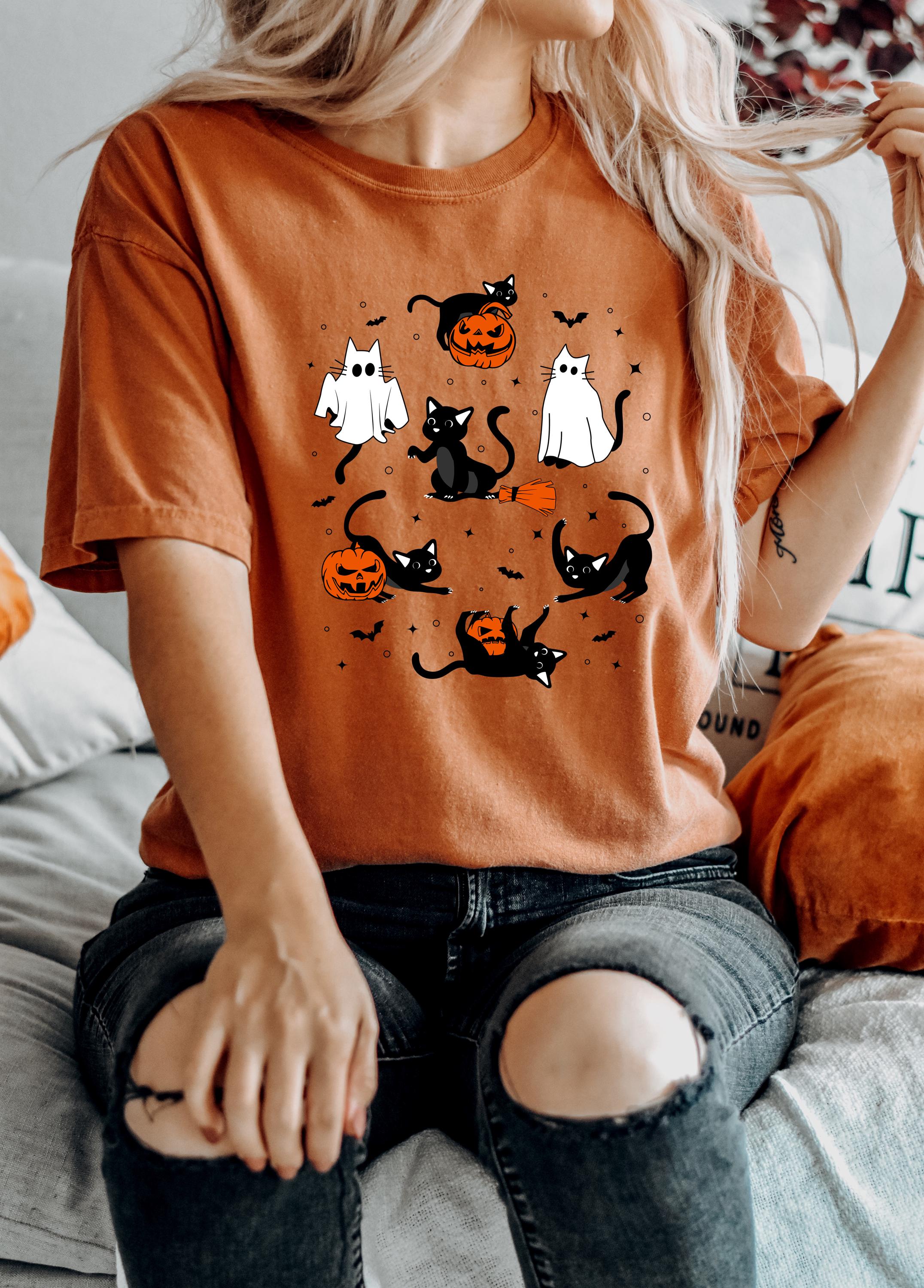 Cute Black Cat Halloween Comfort Colors shirt, Pumpkin T Shirt, Vintage Halloween Shirt, Retro Fall Vibes Shirt, Autumn Shirt Spooky Shirt