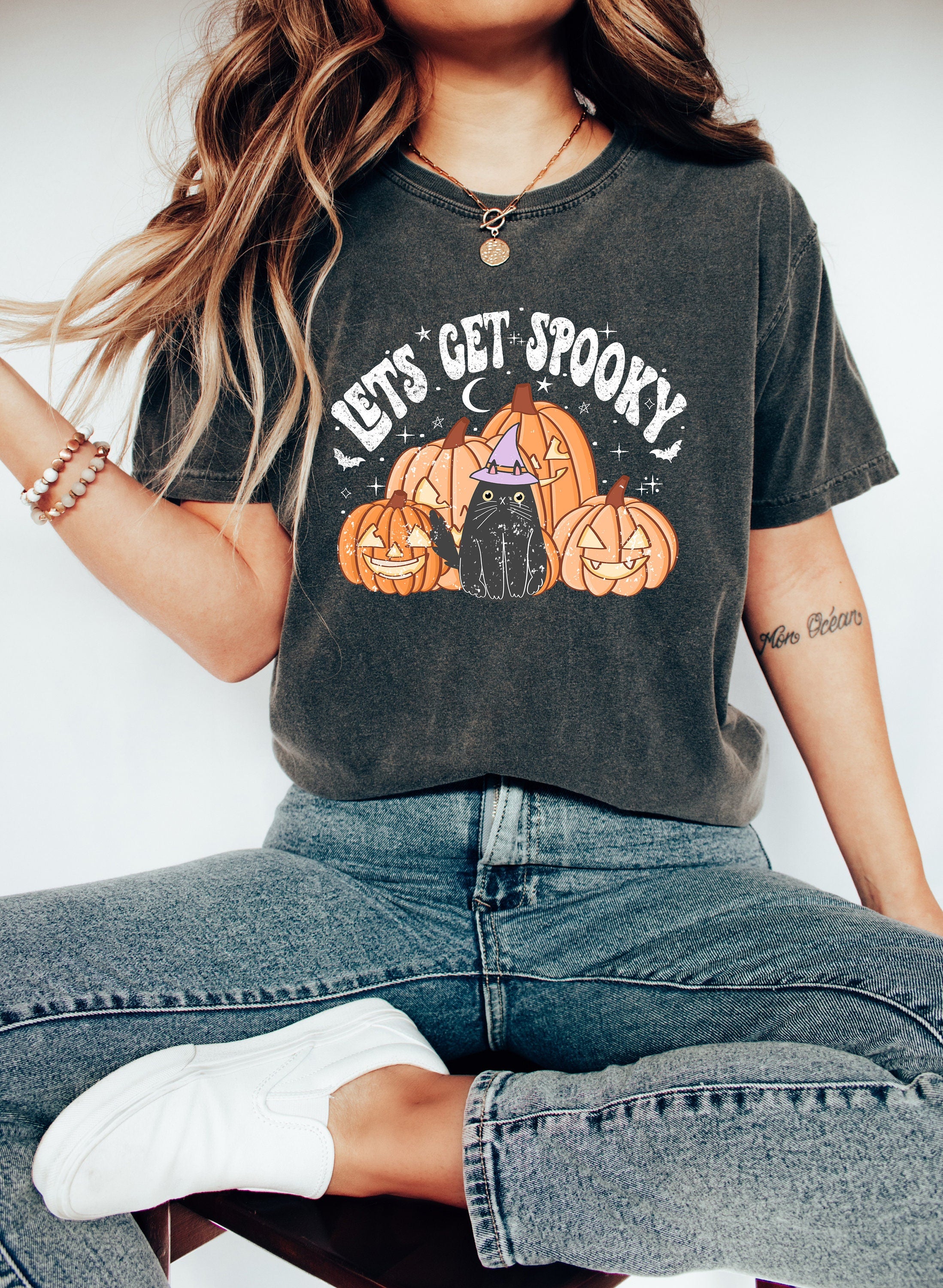 Retro Let's Get Spooky Halloween Comfort Colors Tee Retro Spooky Cat Shirt Retro Pumkin Tee Fall Shirt Autumn T Shirt