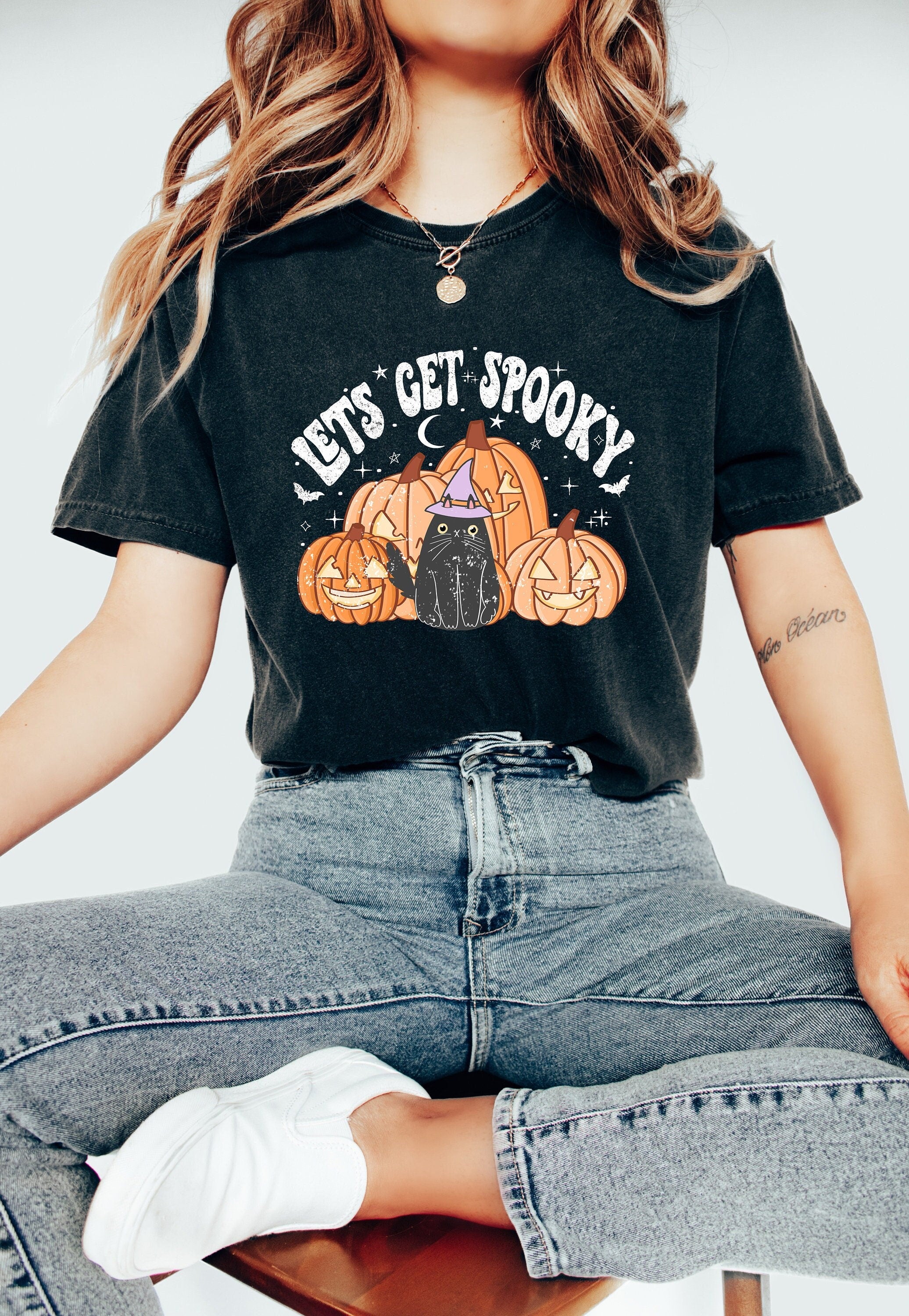 Retro Let's Get Spooky Halloween Comfort Colors Tee Retro Spooky Cat Shirt Retro Pumkin Tee Fall Shirt Autumn T Shirt