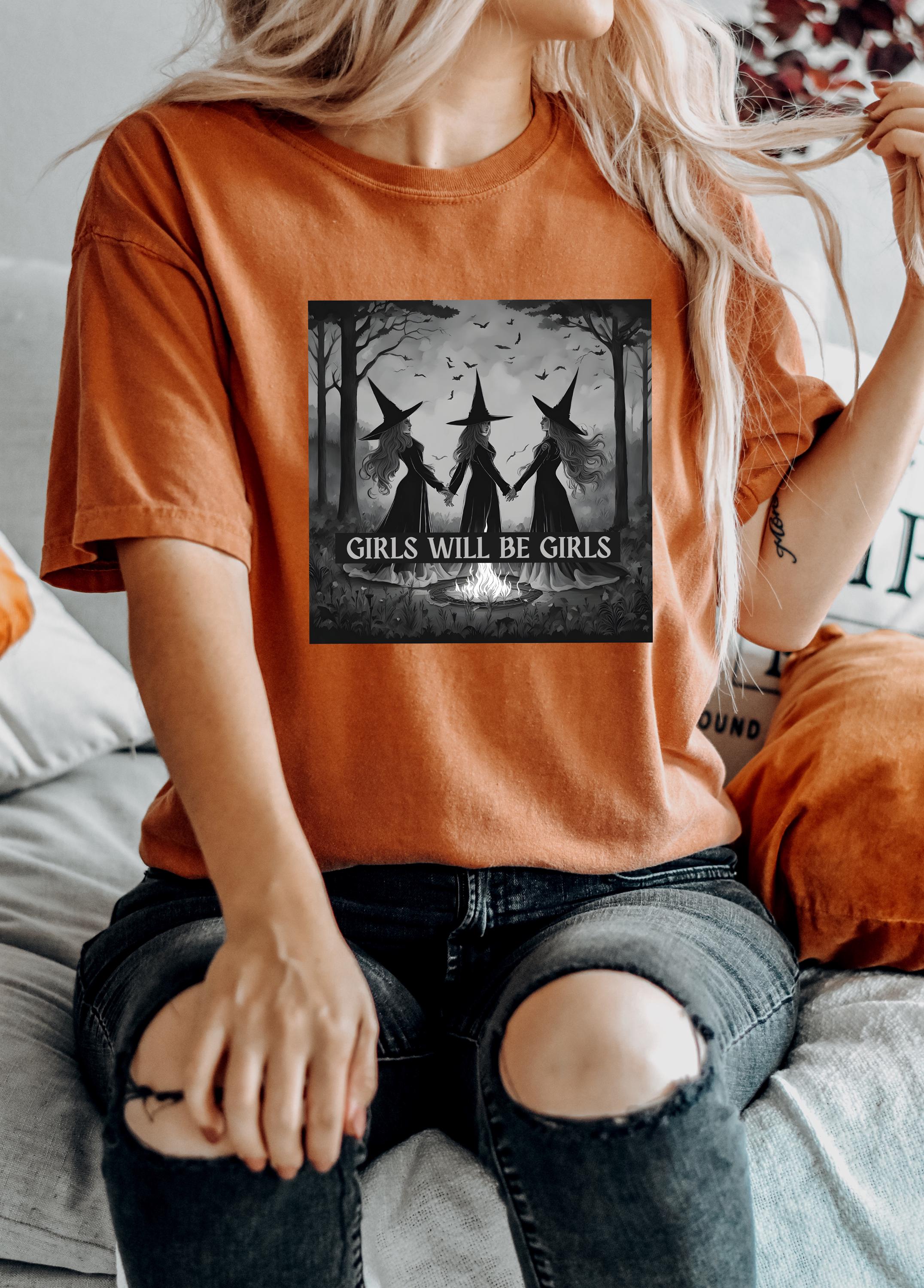 Comfort Colors T Shirt, Witch Design, Vintage Witch Halloween Shirt, Girls Will Be Girls Retro Fall Shirt, Autumn Shirt,