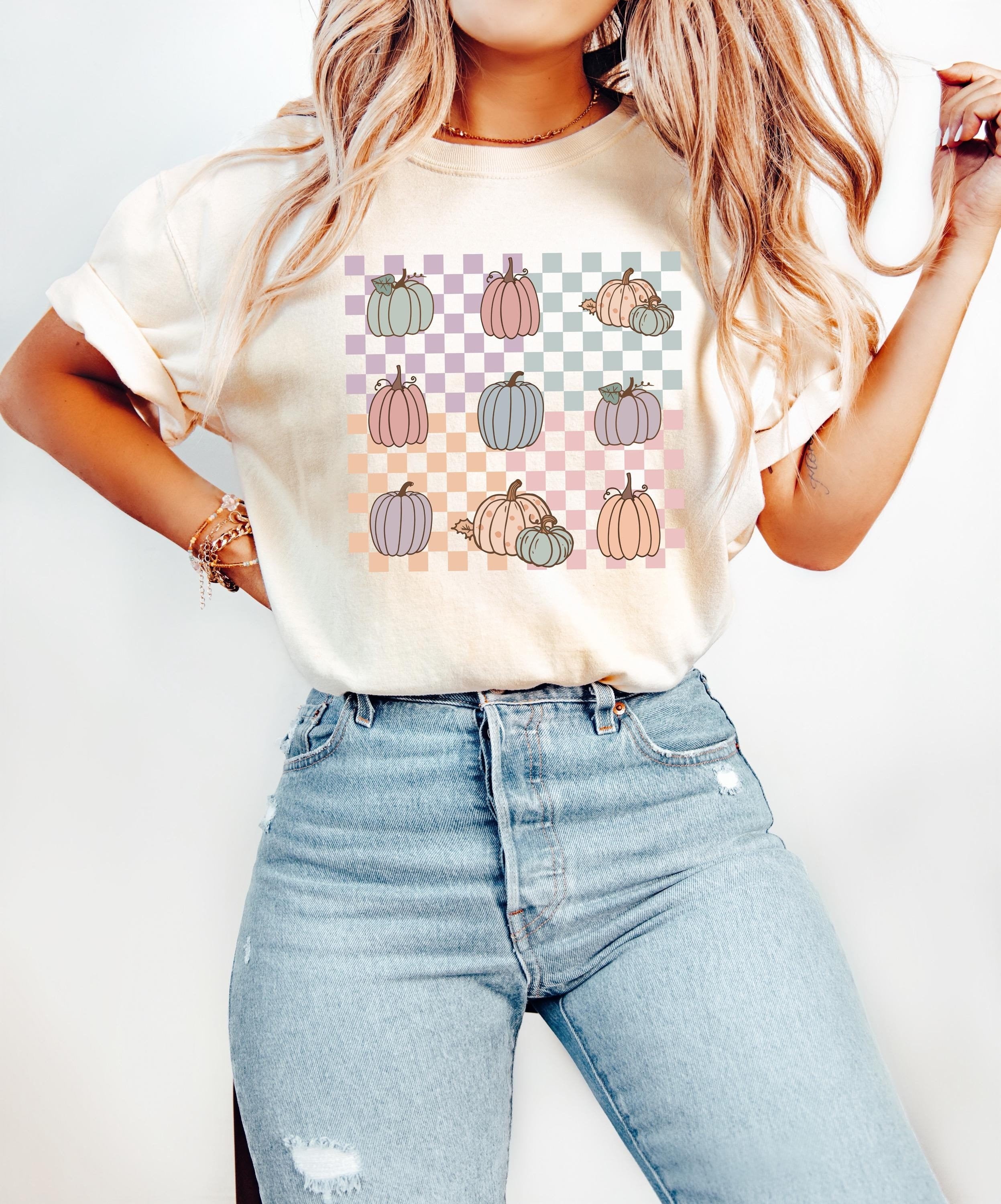 Comfort Colors T Shirt, Halloween Retro Pumpkin Tee, Pastel Checkered Design, Fall T Shirt, Cute Autumn Shirt, Pumpkin Collage,