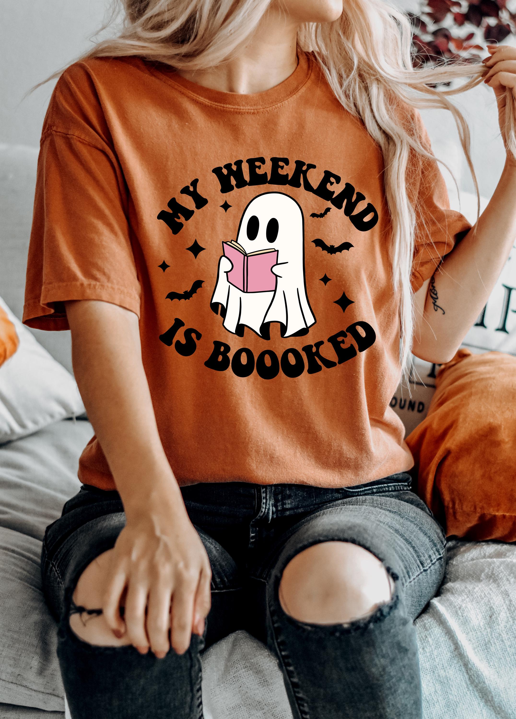 Halloween Comfort Colors shirt, My Weekend Is Booked Funny Bookish T, Halloween Reading Ghost Shirt, Cute Autumn Shirt, Retro Fall Shirt