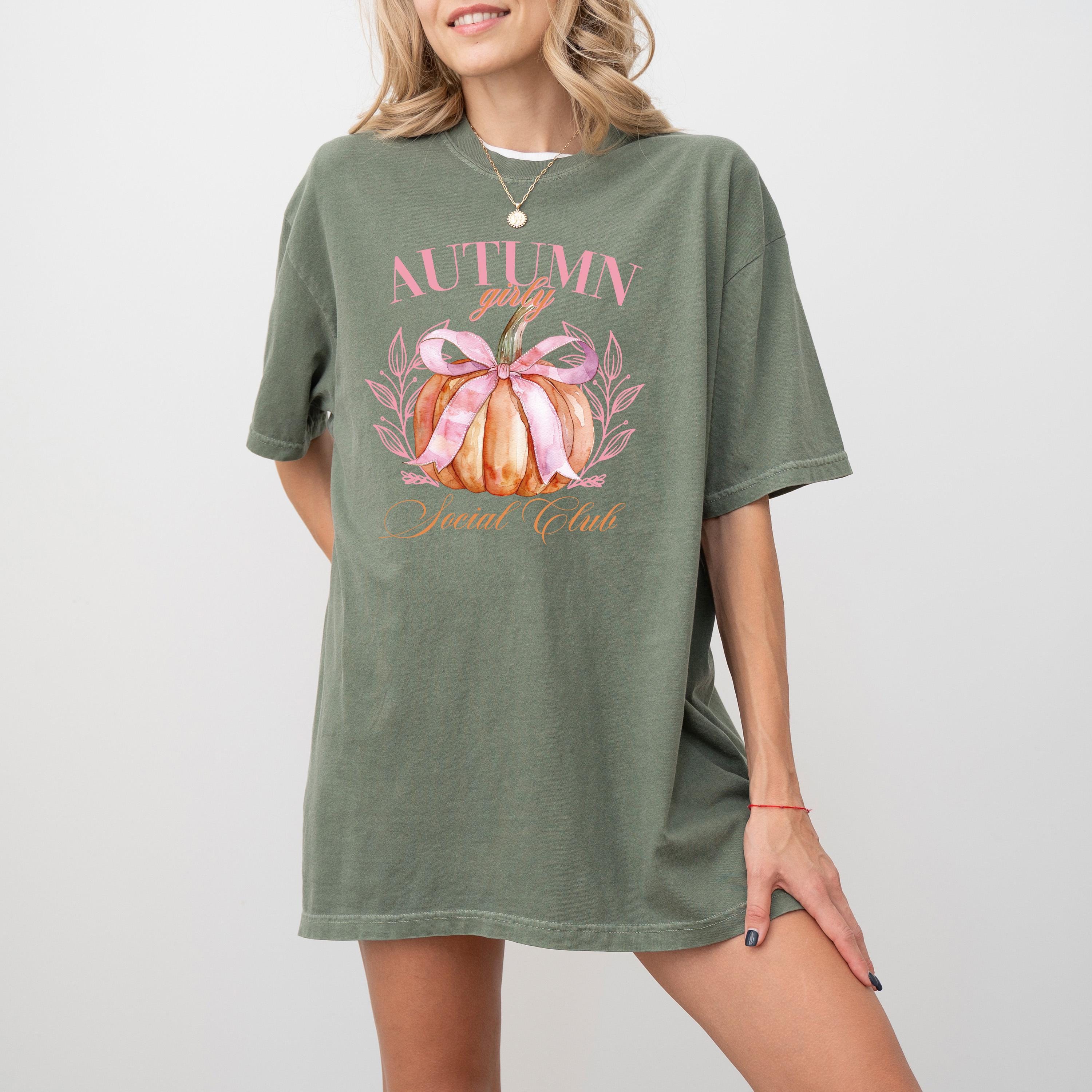 Autumn Girly Social Club Comfort Colors Shirt, Cute Pink Bow Pumpkin Autumn T Shirt, Vintage Fall Shirt Vintage Autumn Shirt