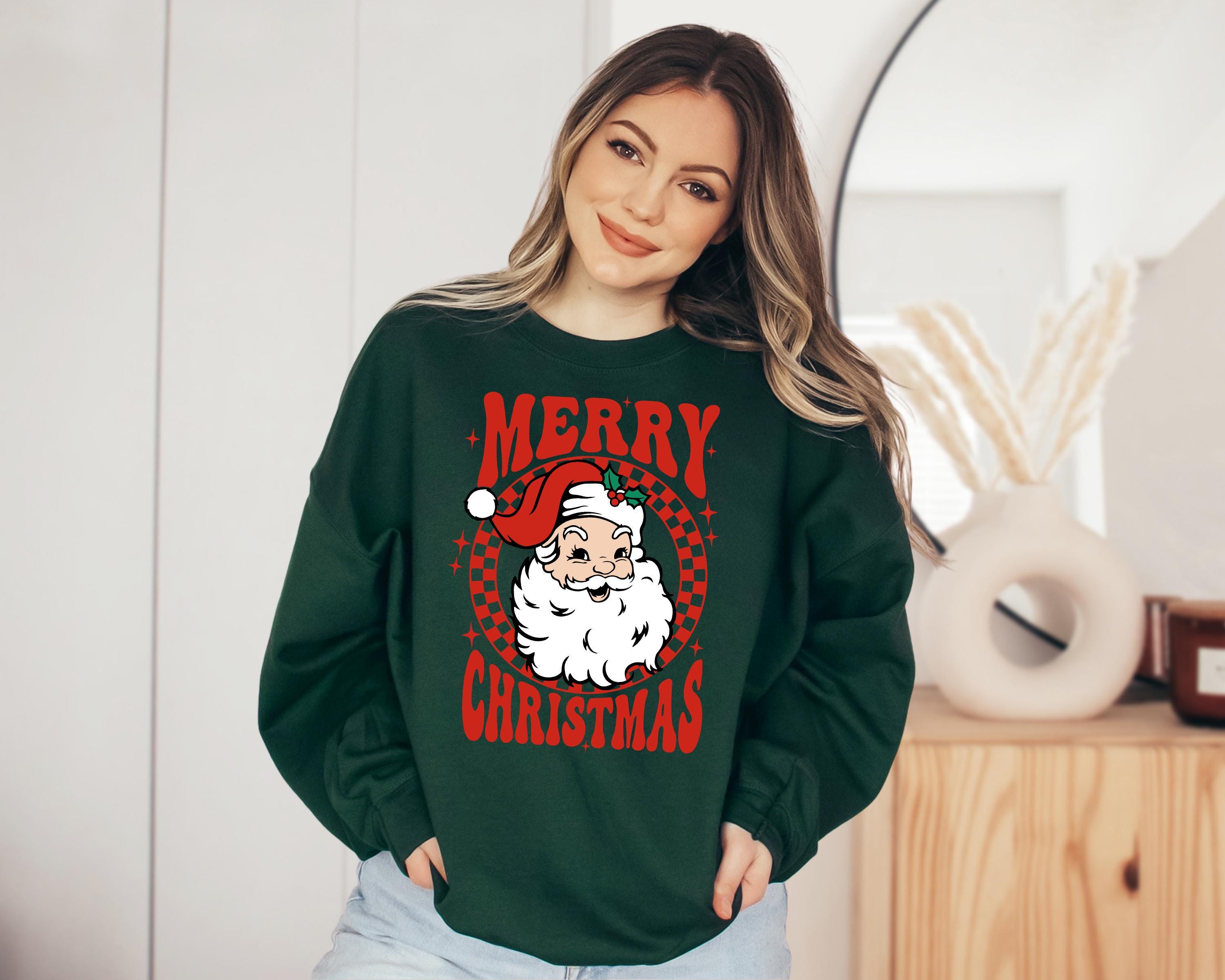 Merry Christmas Sweater, Vintage Christmas Crewneck, Retro Santa Sweatshirt, Xmas Graphic Pullover, Checkered Holiday Jumper,