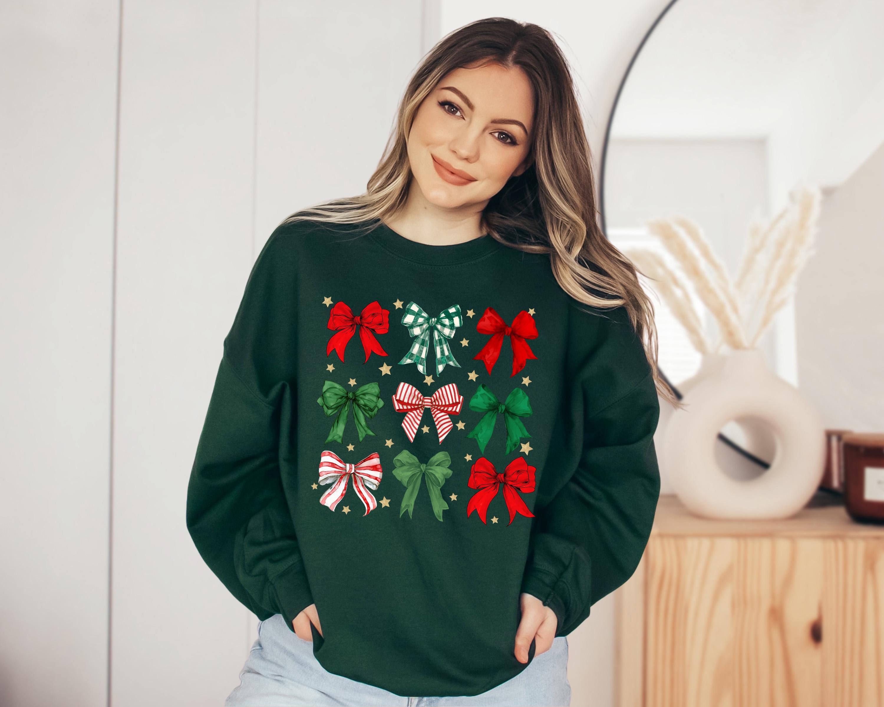 Christmas Bows Sweater, Trendy Christmas Crewneck, Winter Sweatshirt, Xmas Graphic Pullover, Cute Holiday Jumper,