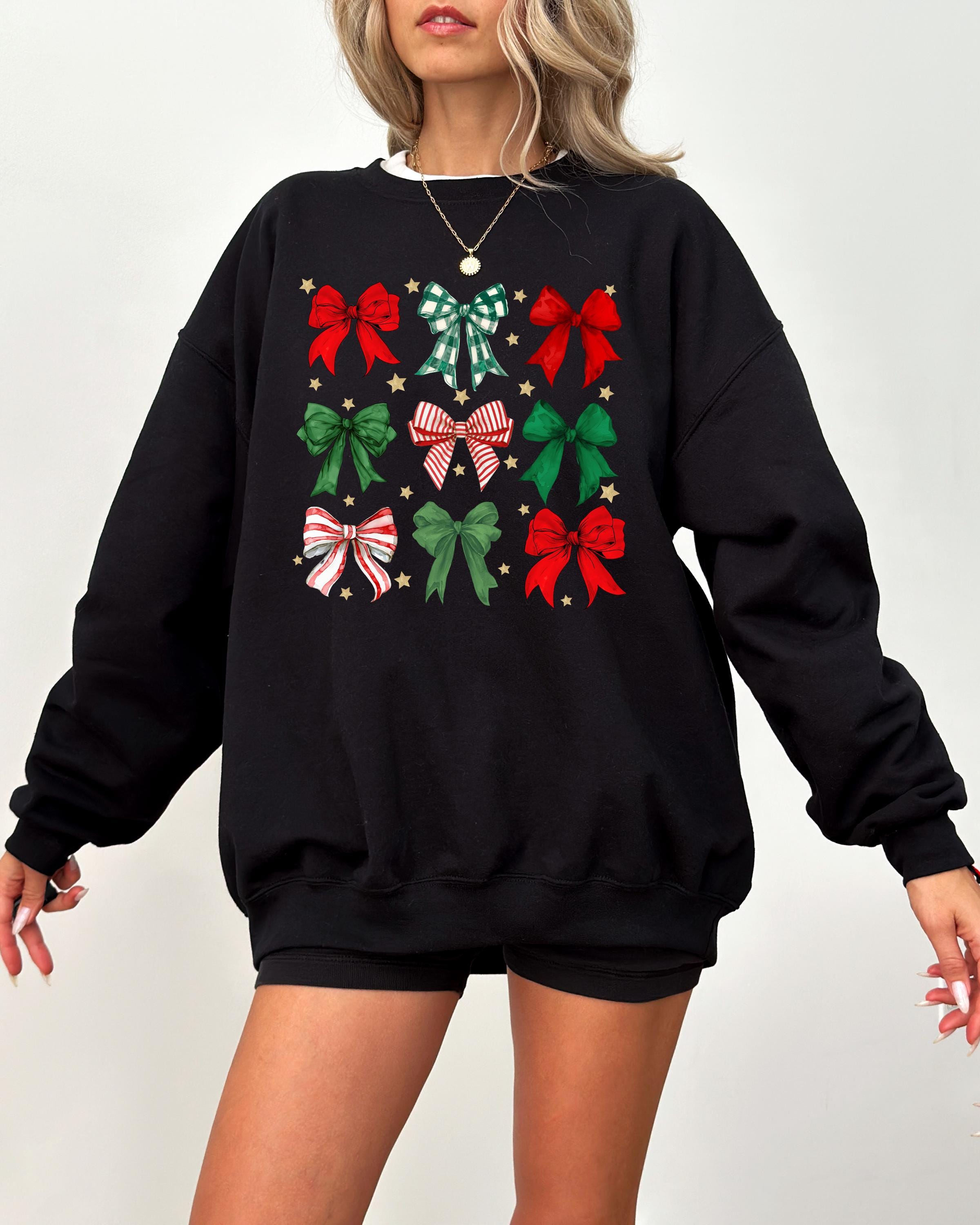 Christmas Bows Sweater, Trendy Christmas Crewneck, Winter Sweatshirt, Xmas Graphic Pullover, Cute Holiday Jumper,