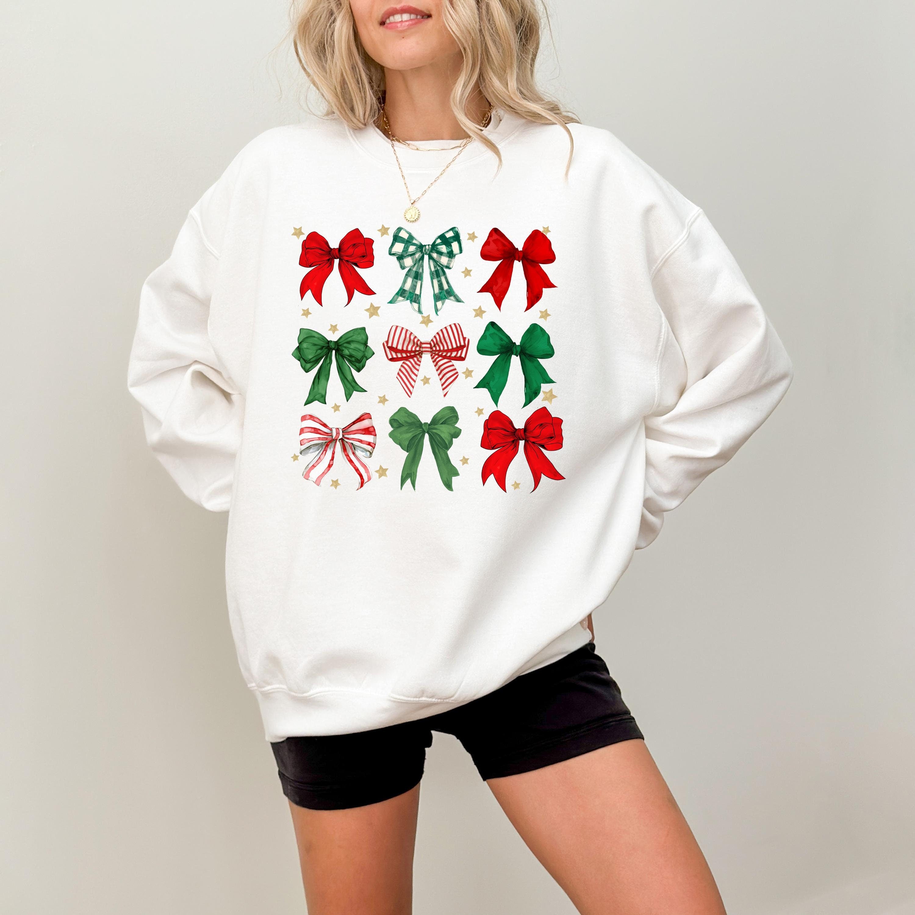 Christmas Bows Sweater, Trendy Christmas Crewneck, Winter Sweatshirt, Xmas Graphic Pullover, Cute Holiday Jumper,