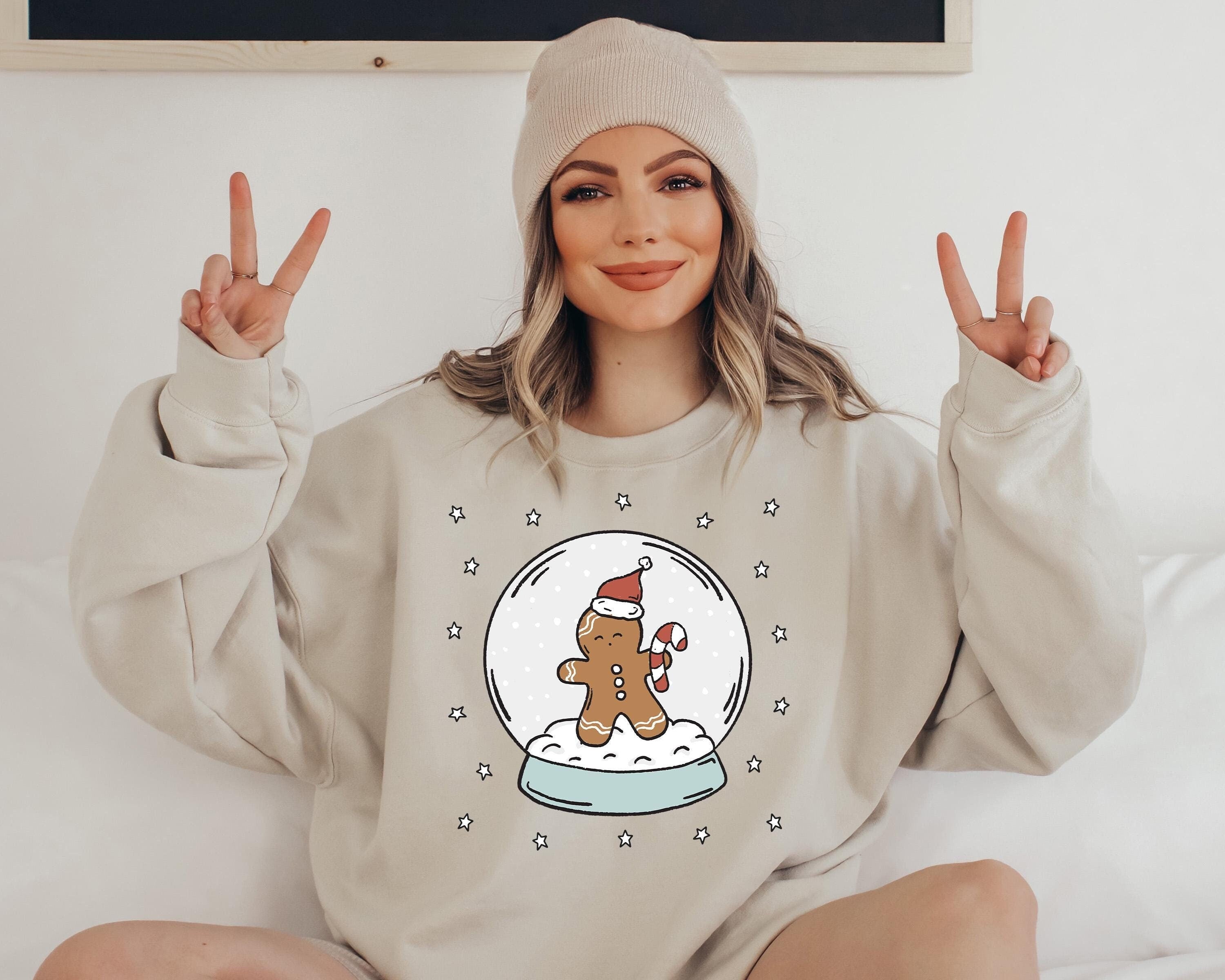 Gingerbread Man Snow Globe Sweater, Trendy Christmas Crewneck, Retro Winter Sweatshirt, Xmas Graphic Pullover, Cute Holiday Jumper