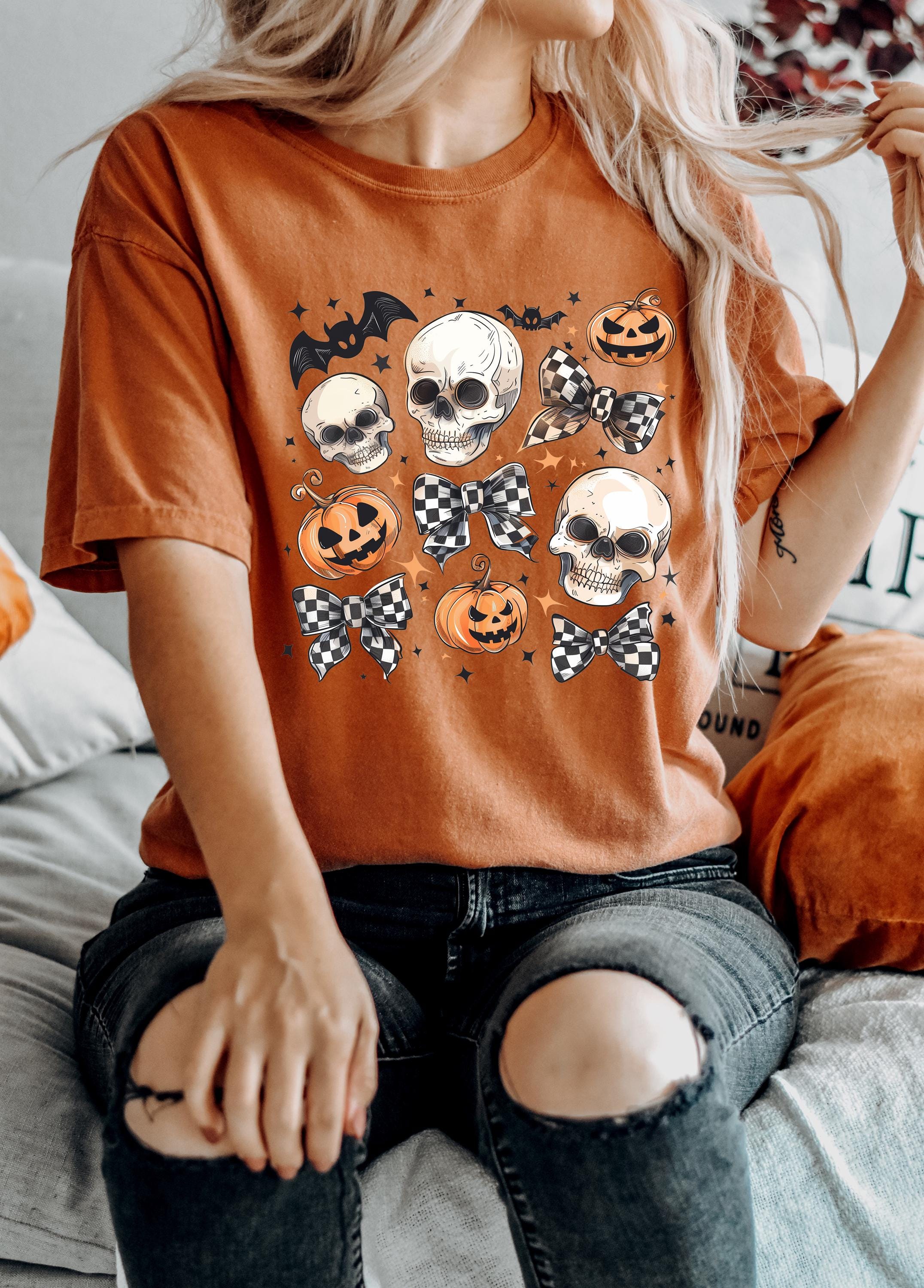 Comfort Colors T Shirt, Halloween Collage Tee, Skull, Jack O Lantern, Bats, Bows T, Retro Fall Shirt, Funny Autumn Shirt, Bookish T, Reading