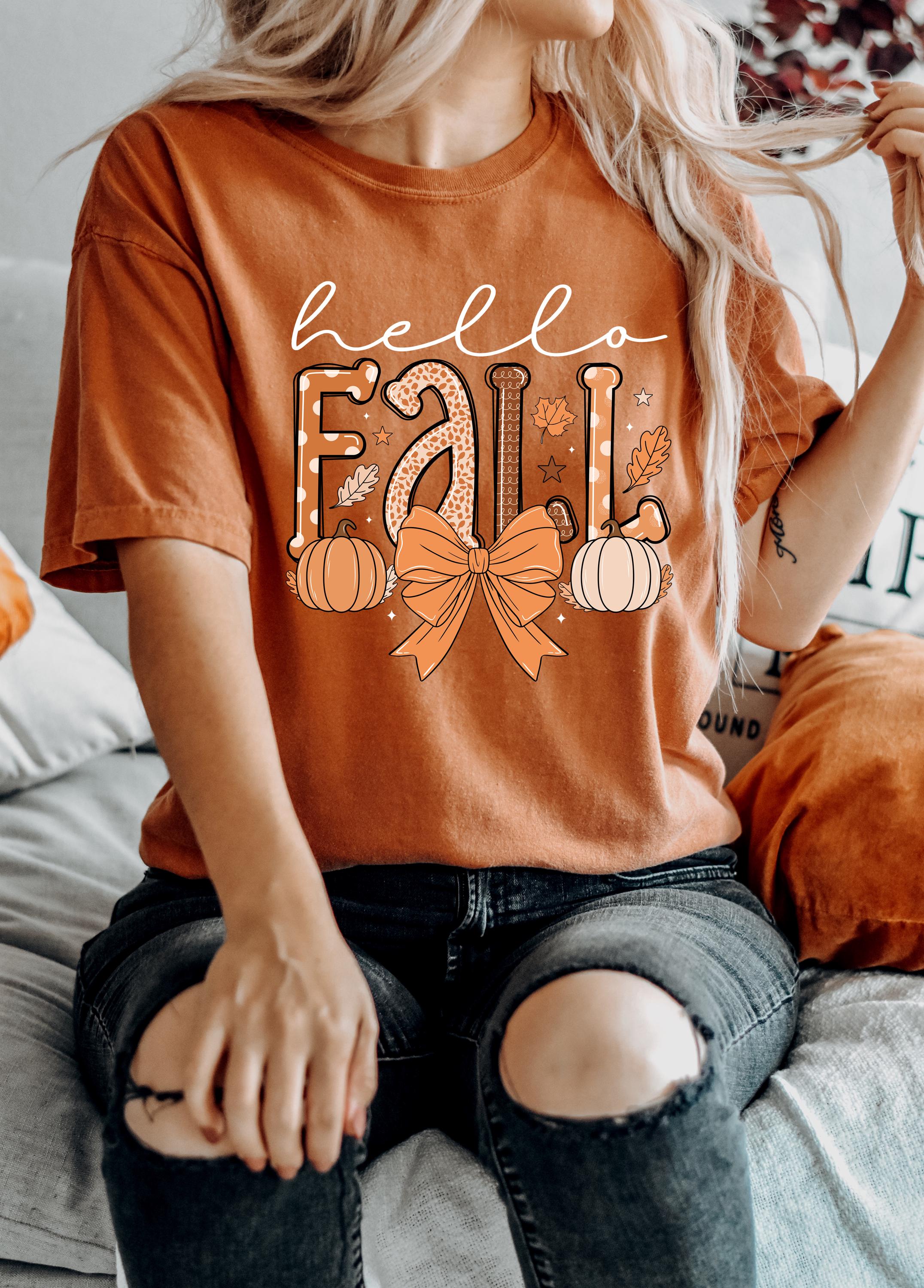 Hello Fall Comfort Colors T Shirt, Thanksgiving Tshirt, Halloween shirt, Autumn Bow Tee, Fall Tee, Trendy Womens Graphic T, Pumpkin Shirt