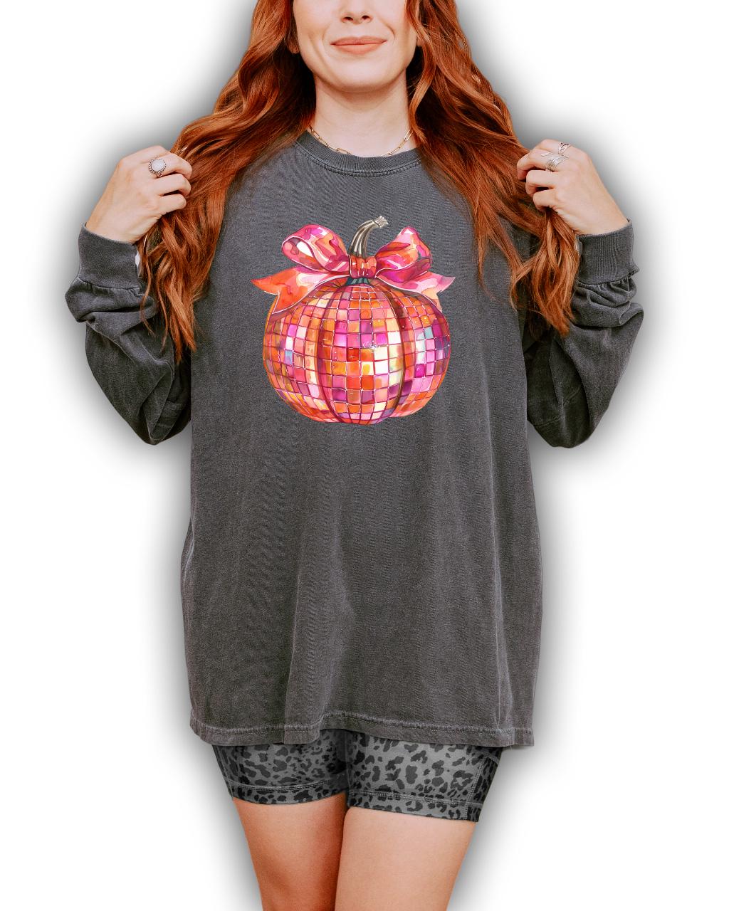 Halloween Long Sleeve Comfort Colors shirt, Disco Ball Pumpkin Shirt, Fall Design, Autumn Tee, Cute Fun Fall Long Sleeve T Shirt