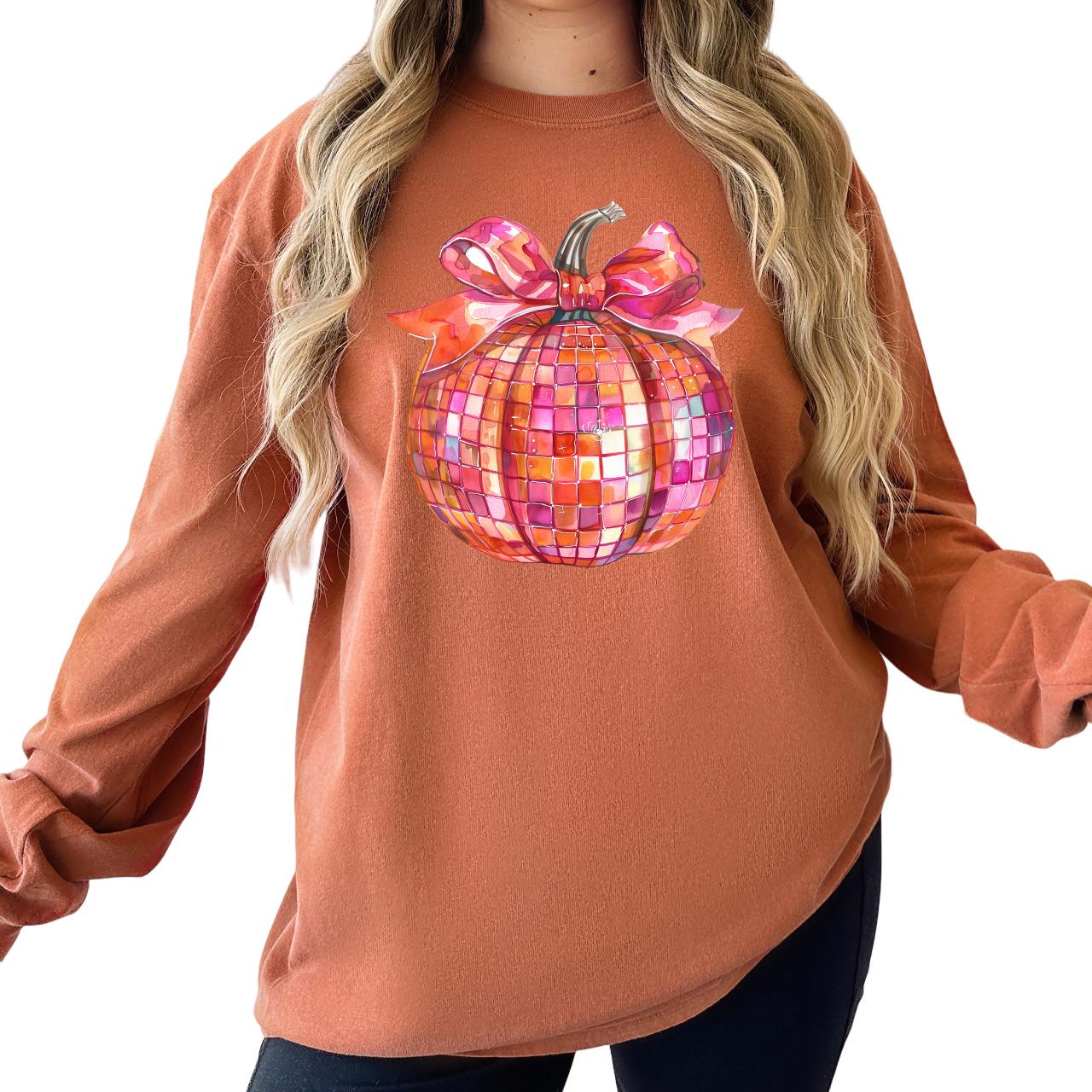 Halloween Long Sleeve Comfort Colors shirt, Disco Ball Pumpkin Shirt, Fall Design, Autumn Tee, Cute Fun Fall Long Sleeve T Shirt