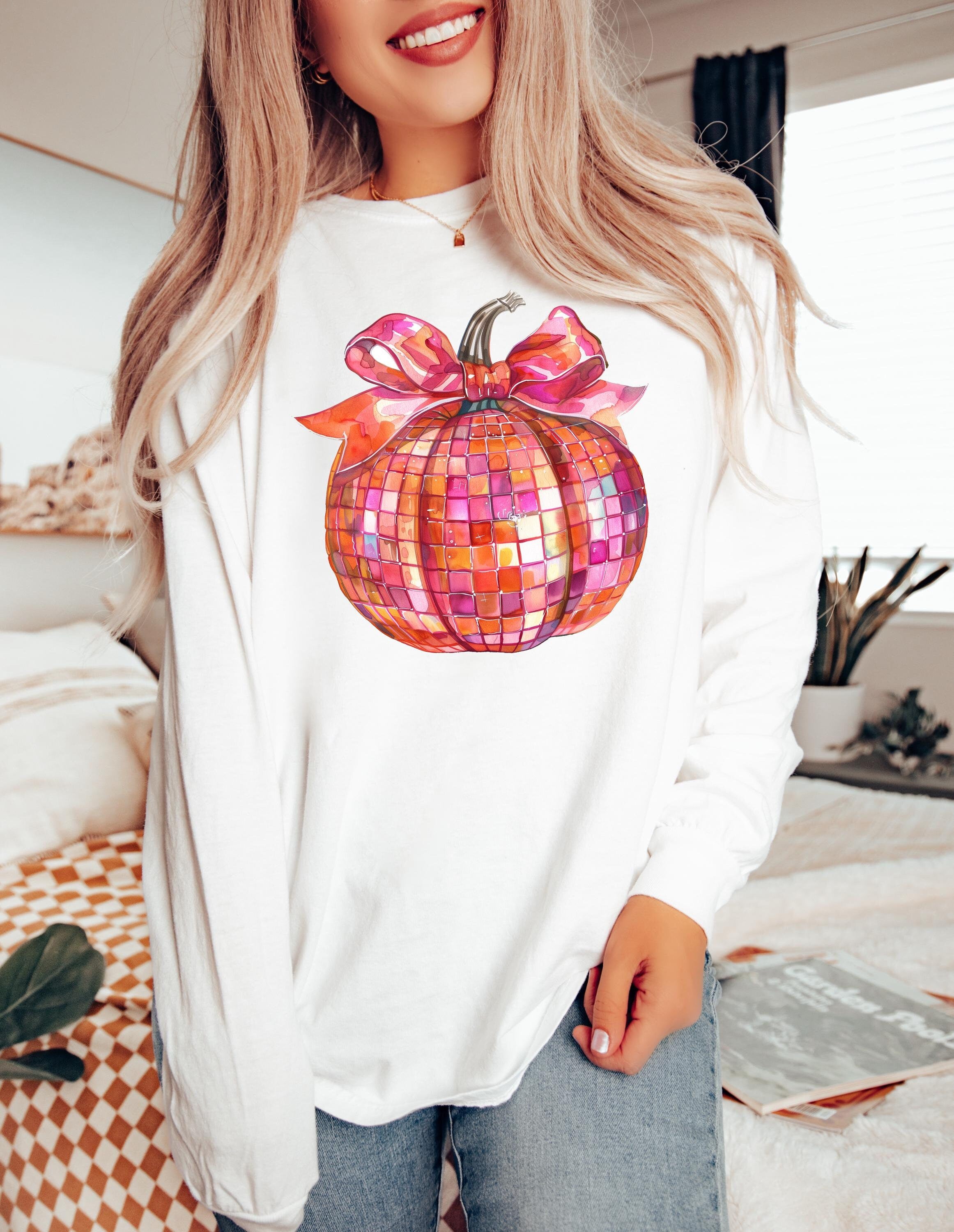 Halloween Long Sleeve Comfort Colors shirt, Disco Ball Pumpkin Shirt, Fall Design, Autumn Tee, Cute Fun Fall Long Sleeve T Shirt