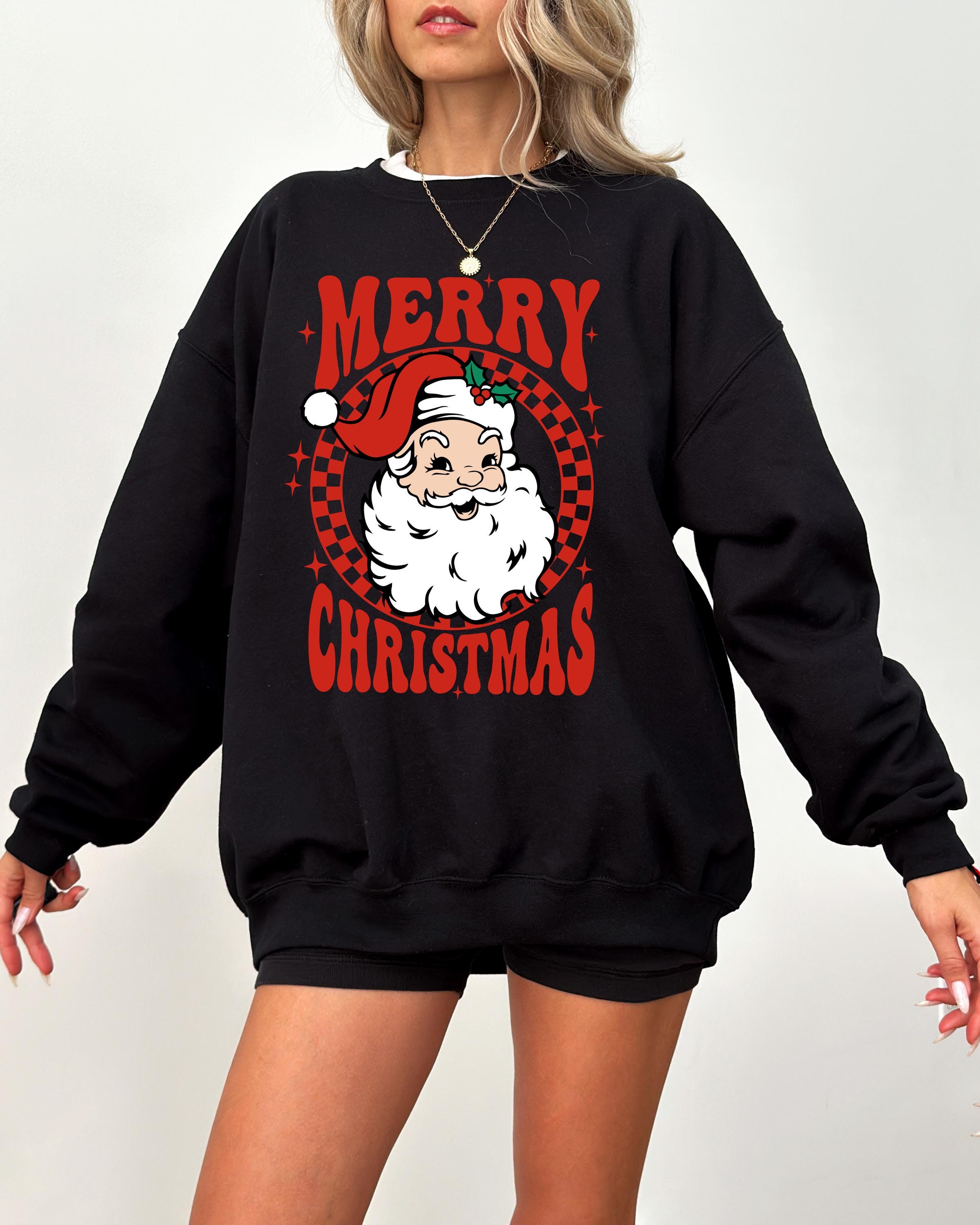 Merry Christmas Sweater, Vintage Christmas Crewneck, Retro Santa Sweatshirt, Xmas Graphic Pullover, Checkered Holiday Jumper,