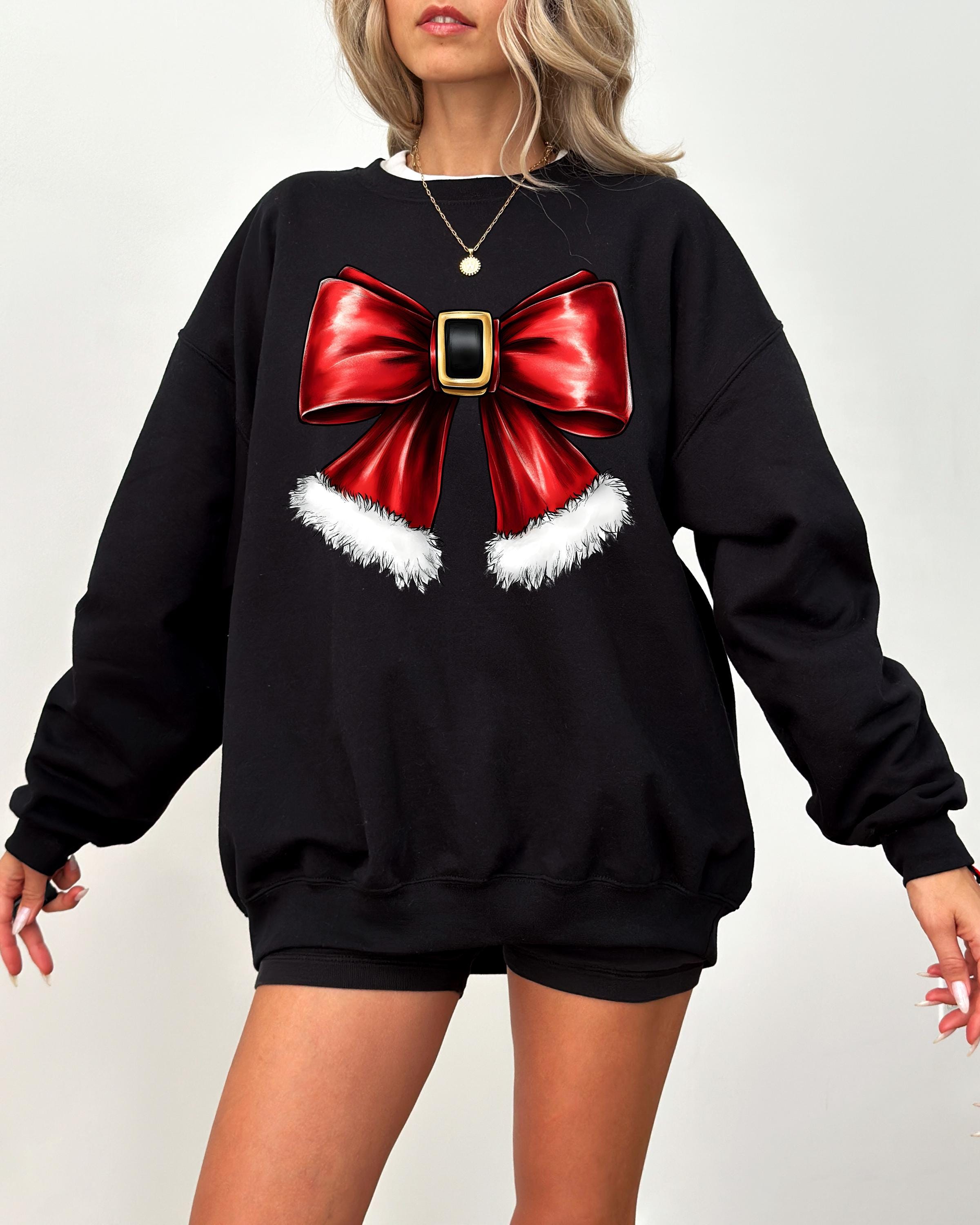 Santa Bow Sweater, Trendy Christmas Crewneck, Winter Sweatshirt, Pullover, Cute Holiday Crew, Christmas Shirt for Women, Family Christmas T