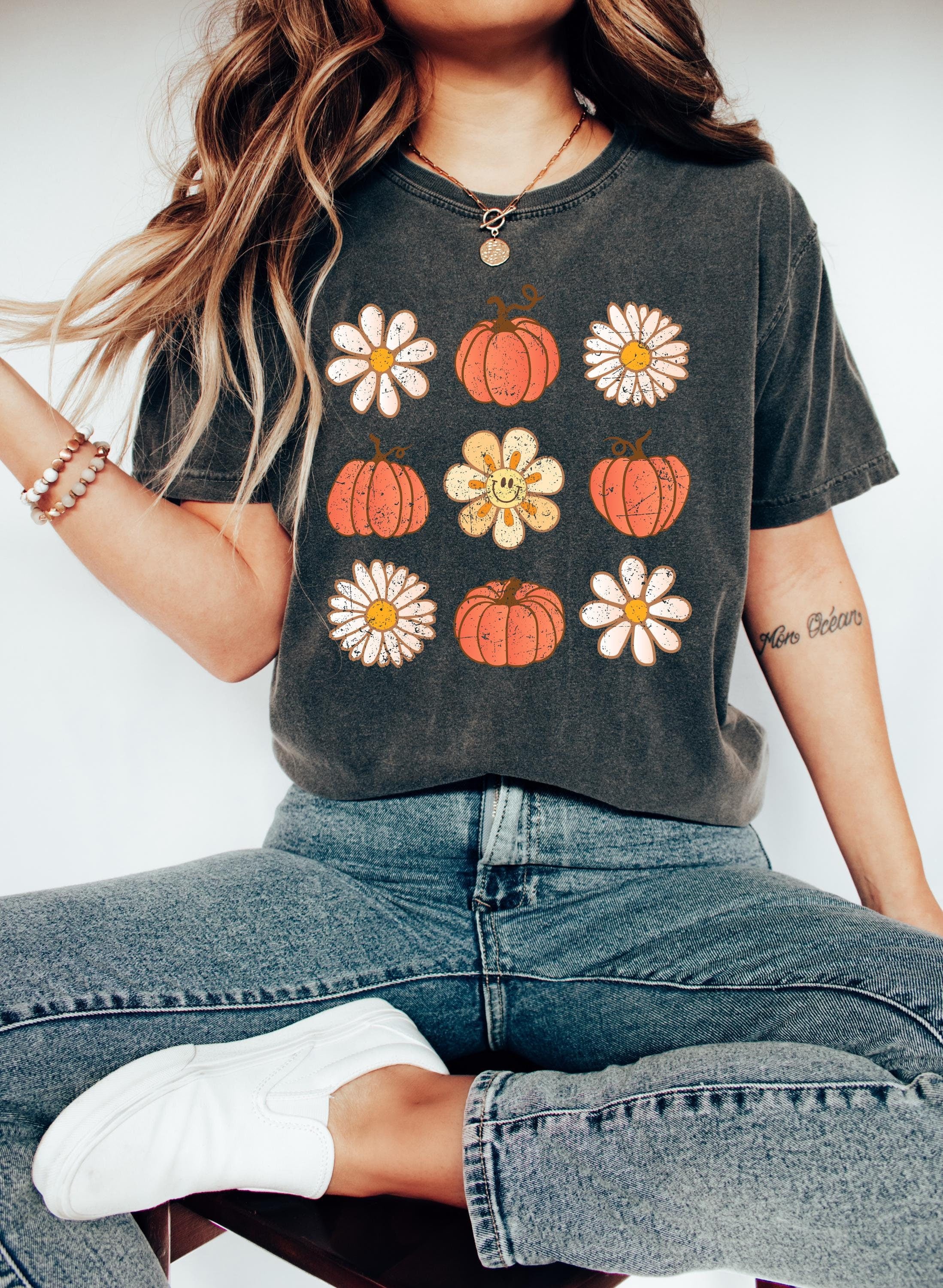 Cute Fall Flowers Comfort Colors T Shirt, Thanksgiving shirt, Halloween T, Cute Autumn Tshirt, Women's Graphic T, Retro Pumpkin Patch T,