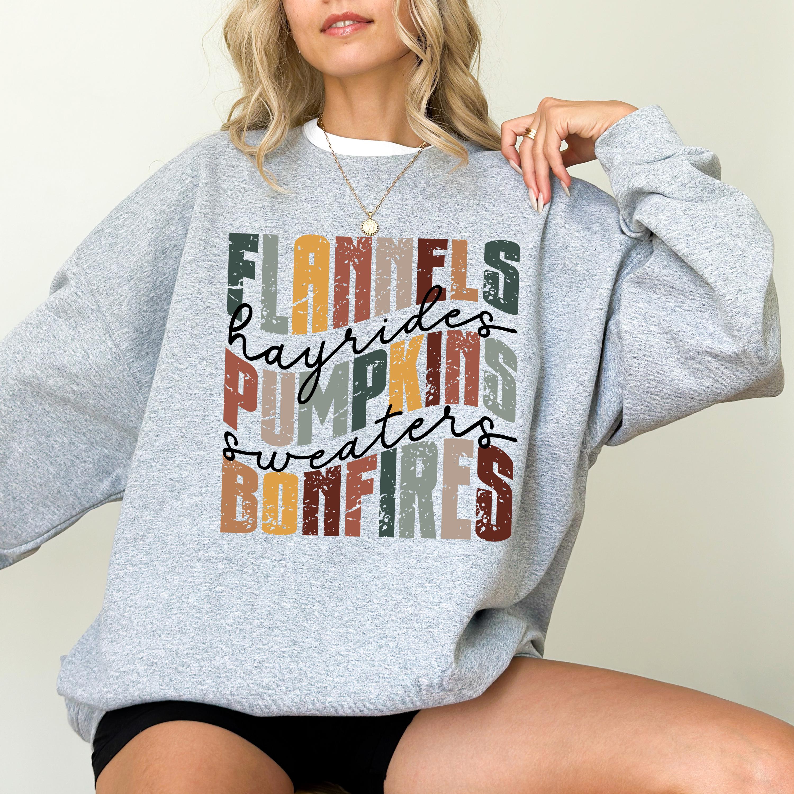 Retro Flannels Hayrides Pumpkins Sweaters Bonfires Sweatshirt, Thanksgiving Shirt, Cozy Sweater, Fall Shirt Cute Fall Fleece Autumn Crewneck