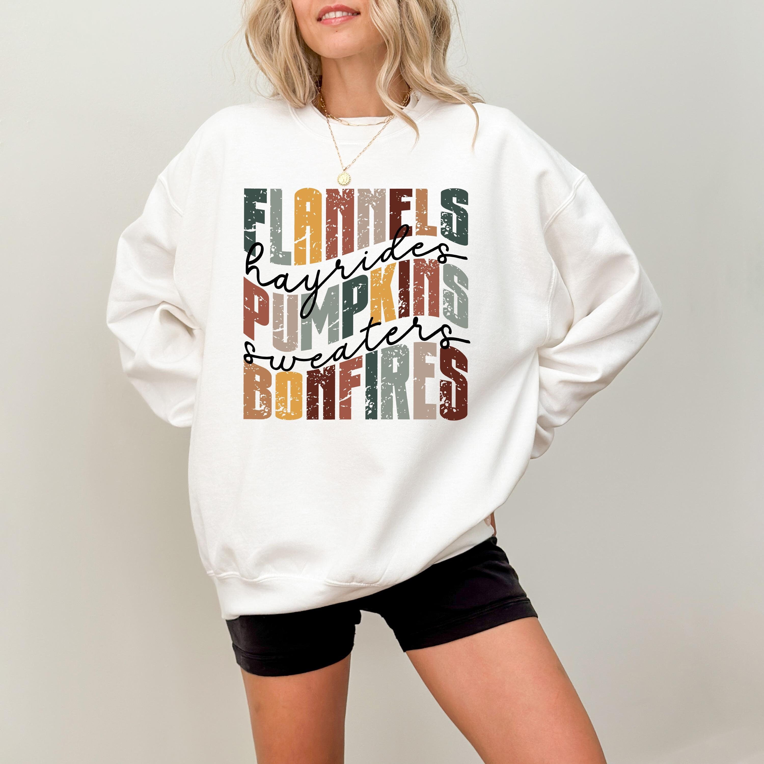 Retro Flannels Hayrides Pumpkins Sweaters Bonfires Sweatshirt, Thanksgiving Shirt, Cozy Sweater, Fall Shirt Cute Fall Fleece Autumn Crewneck