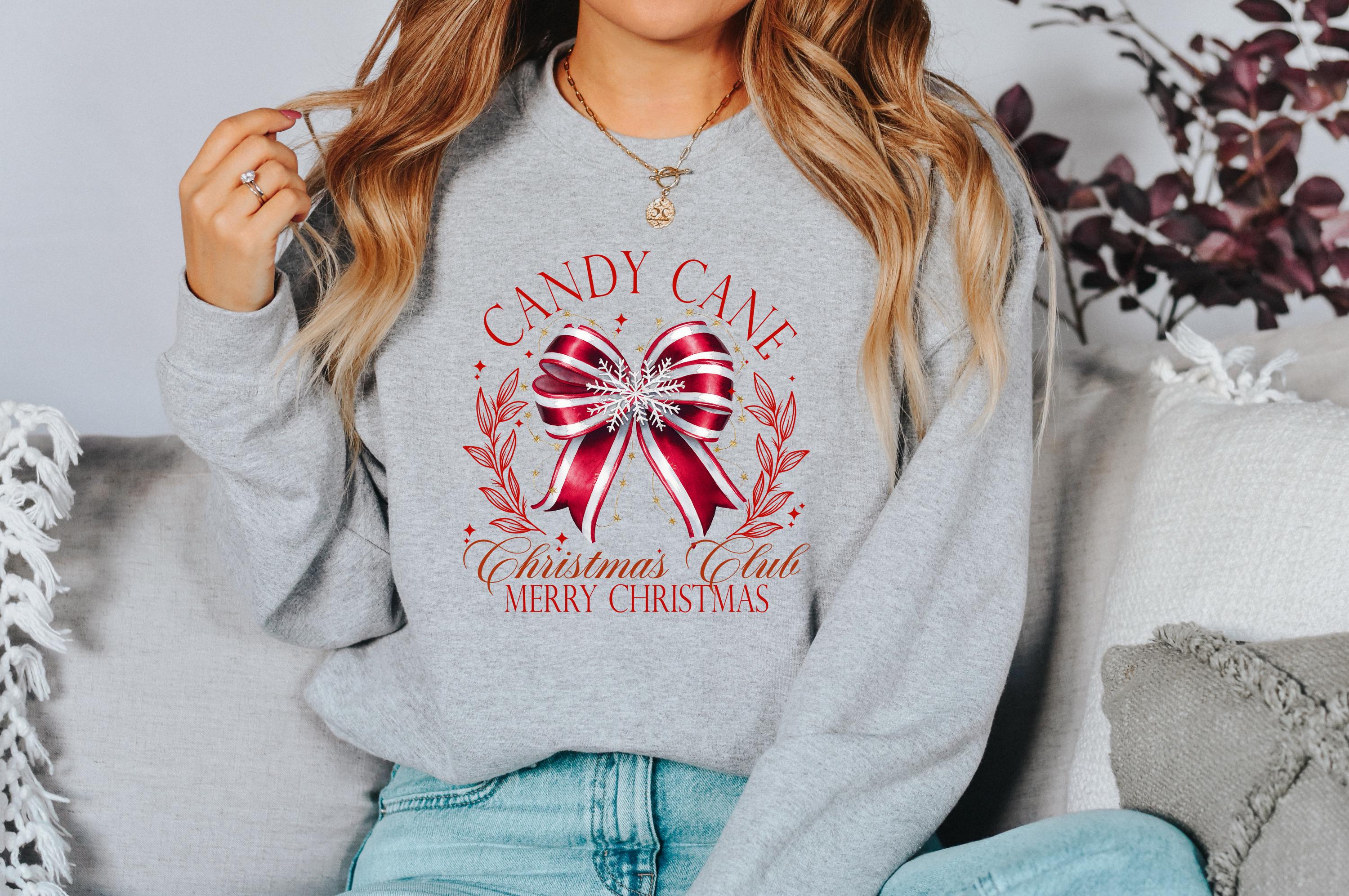 Retro Candy Cane Christmas Club Sweater, Christmas Bow Crewneck, Winter Sweatshirt, Cute Holiday Crew, Christmas shirt, Christmas Design Tee