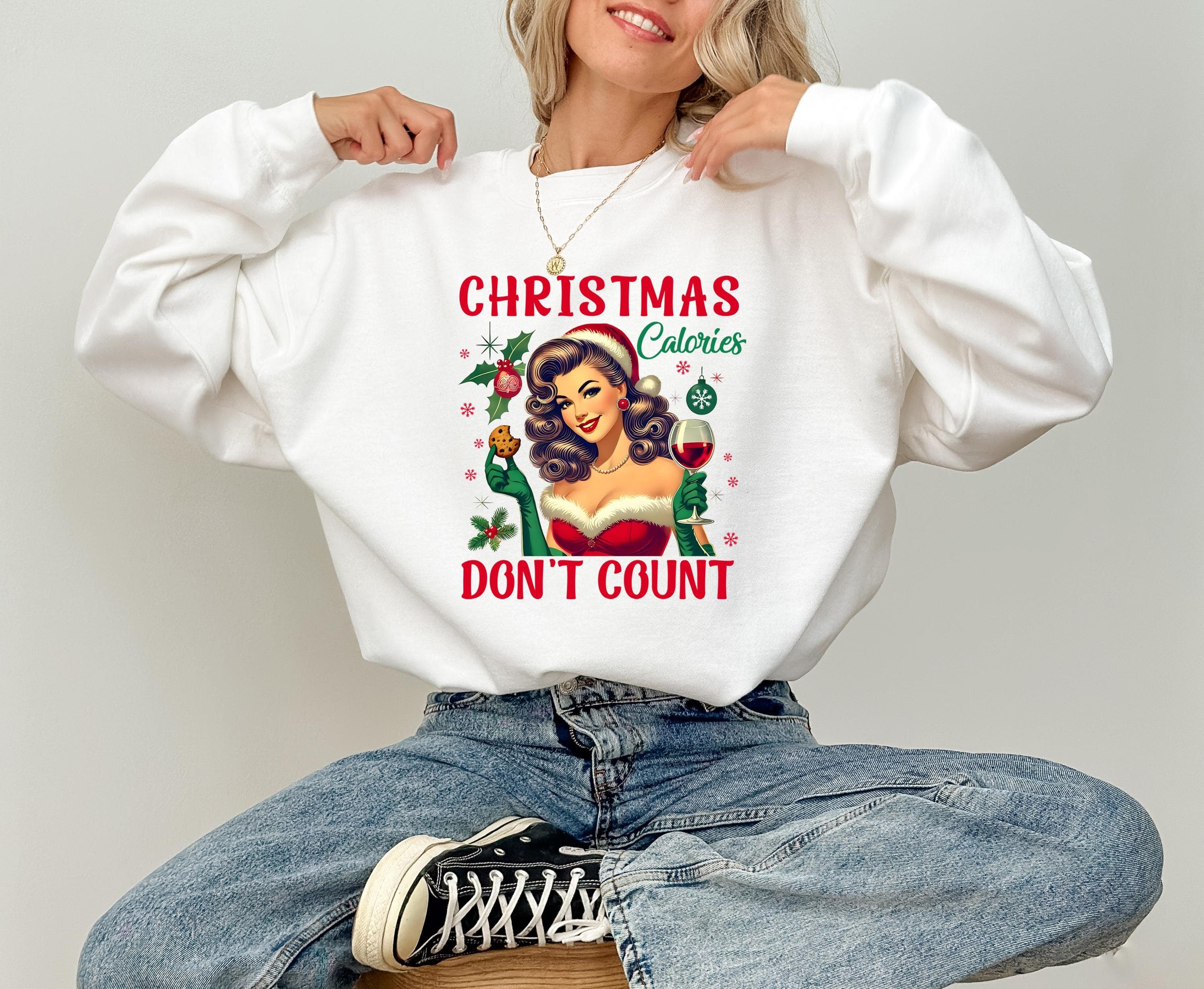 Christmas Calories Don't Count Sweater, Funny Christmas Crewneck, Retro Winter Sweatshirt, Cute Holiday Crew, Retro Christmas Shirt