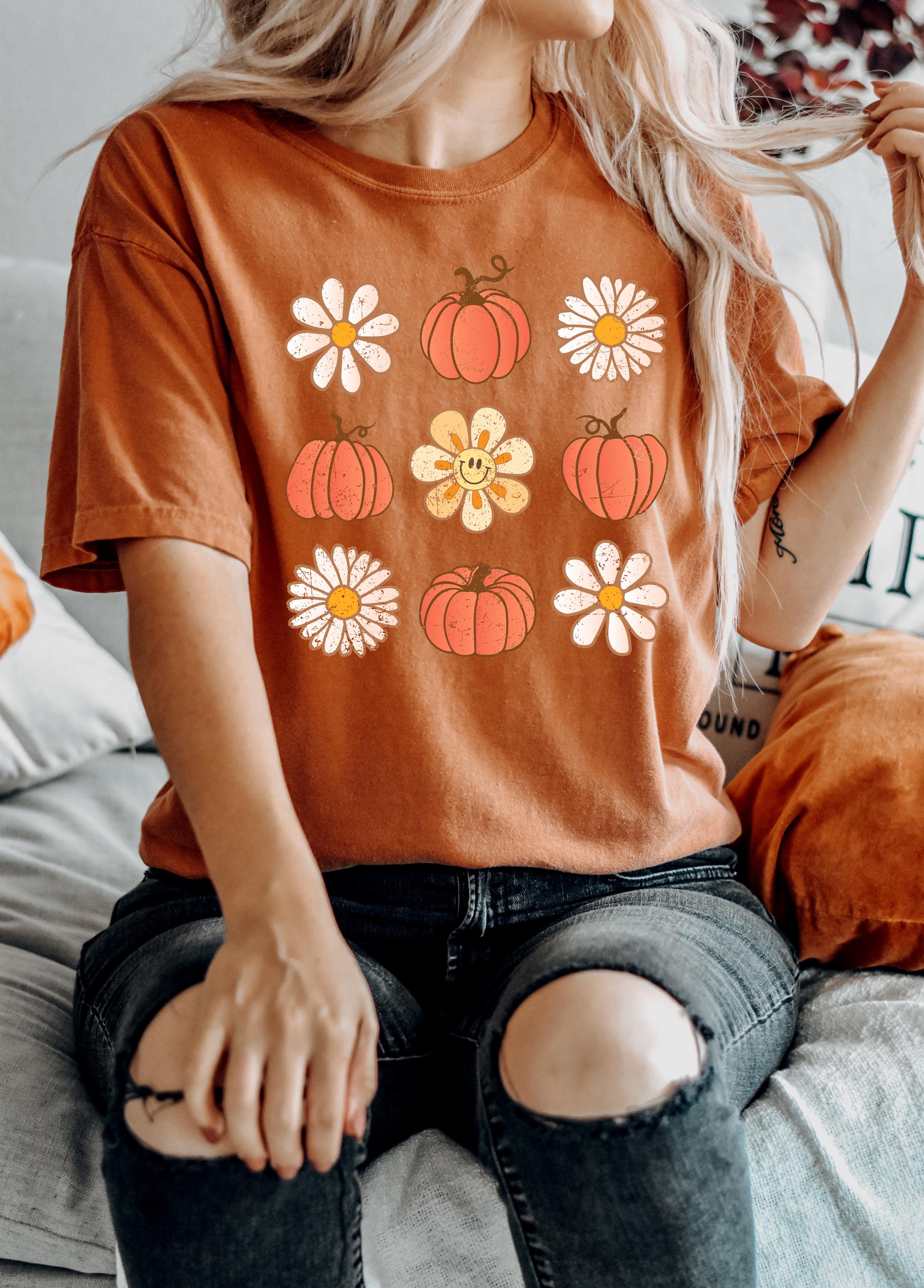 Cute Fall Flowers Comfort Colors T Shirt, Thanksgiving shirt, Halloween T, Cute Autumn Tshirt, Women's Graphic T, Retro Pumpkin Patch T,