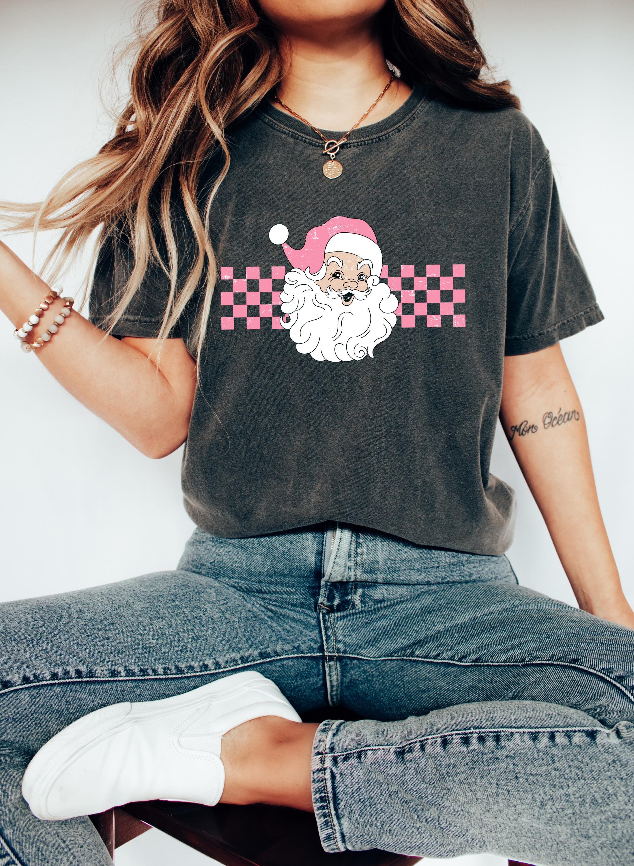 Pink Santa Christmas Comfort Colors Shirt, Vintage Christmas TShirt, Retro Distressed Holiday Shirt, Xmas T-Shirt, Cozy Holiday Tee,