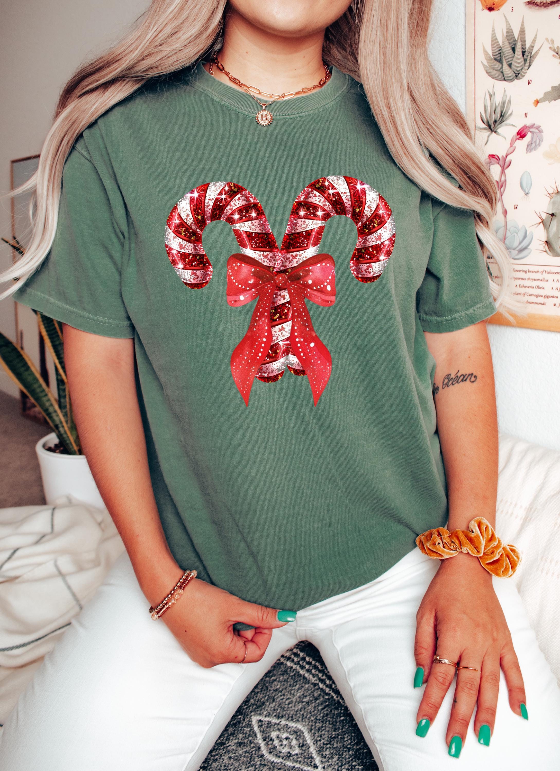 Cute Candy Cane Christmas Comfort Colors Shirt, Vintage MerryChristmas TShirt, Holiday Shirt, Xmas T-Shirt, Cozy Holiday Tee, Xmas Bow T